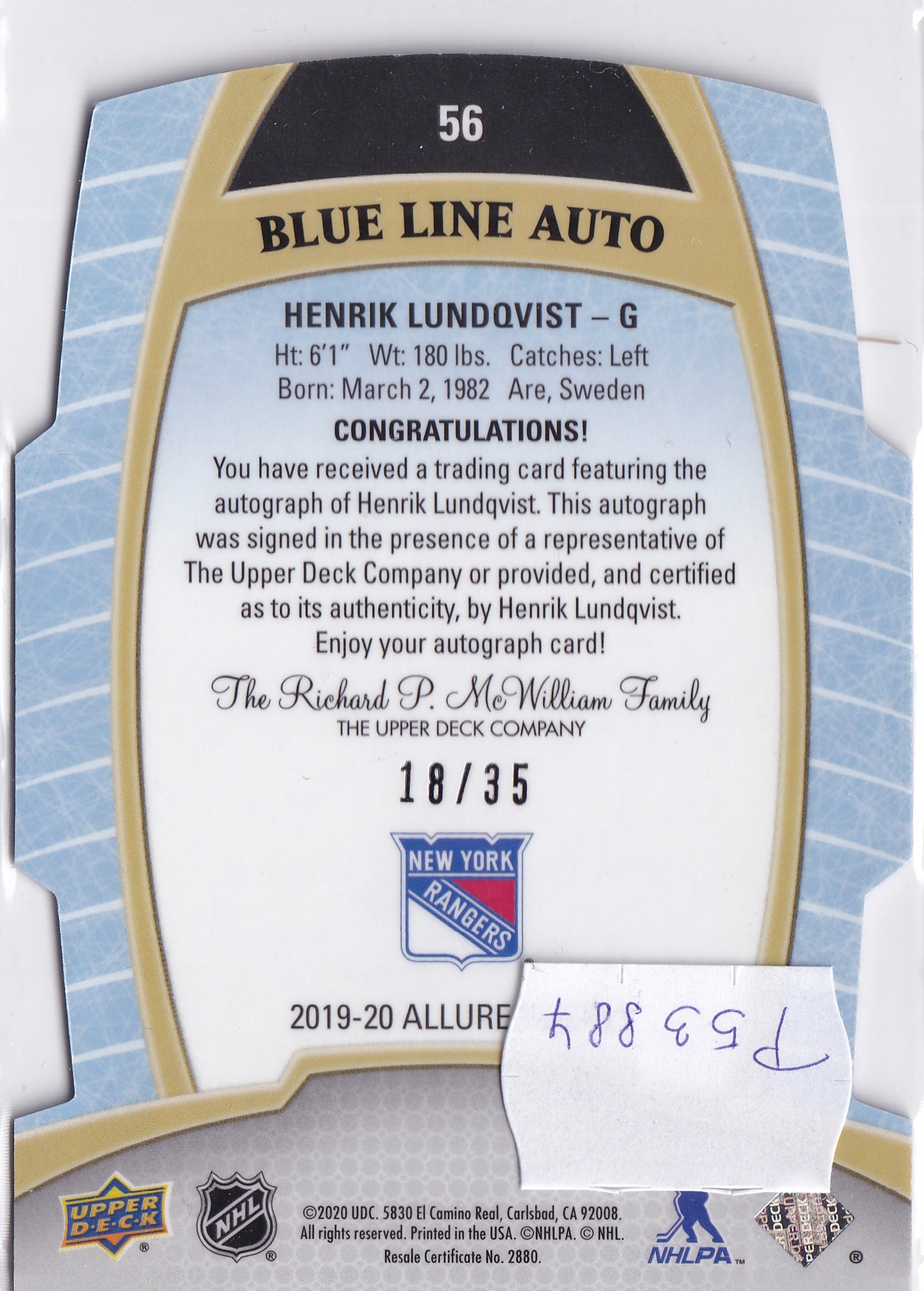 Henrik Lundqvist 2019–20 Upper Deck Allure – Blue Line Autograph #56 /35