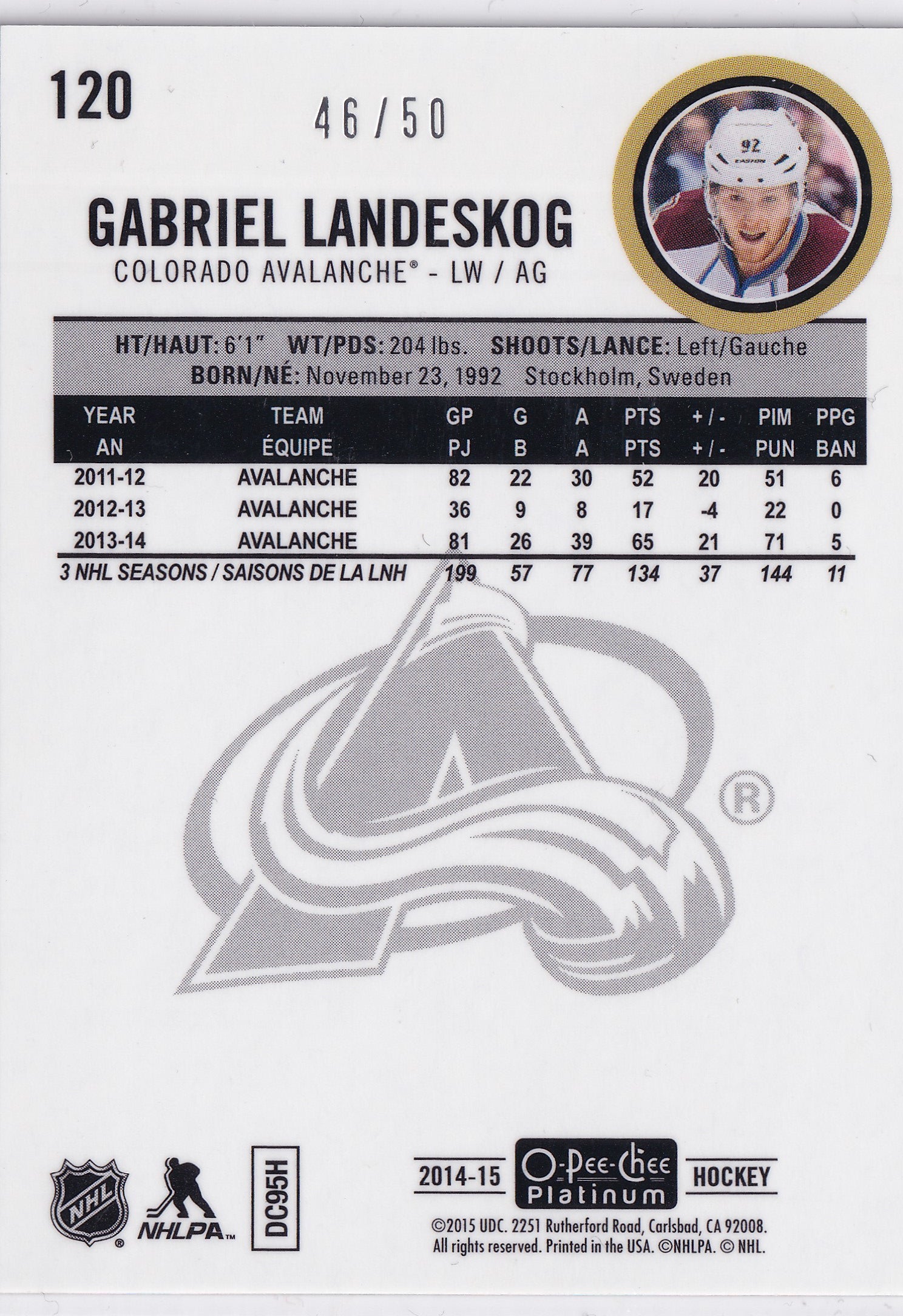 Gabriel Landeskog 2014–15 O-Pee-Chee Platinum Seismic Gold /50 #120