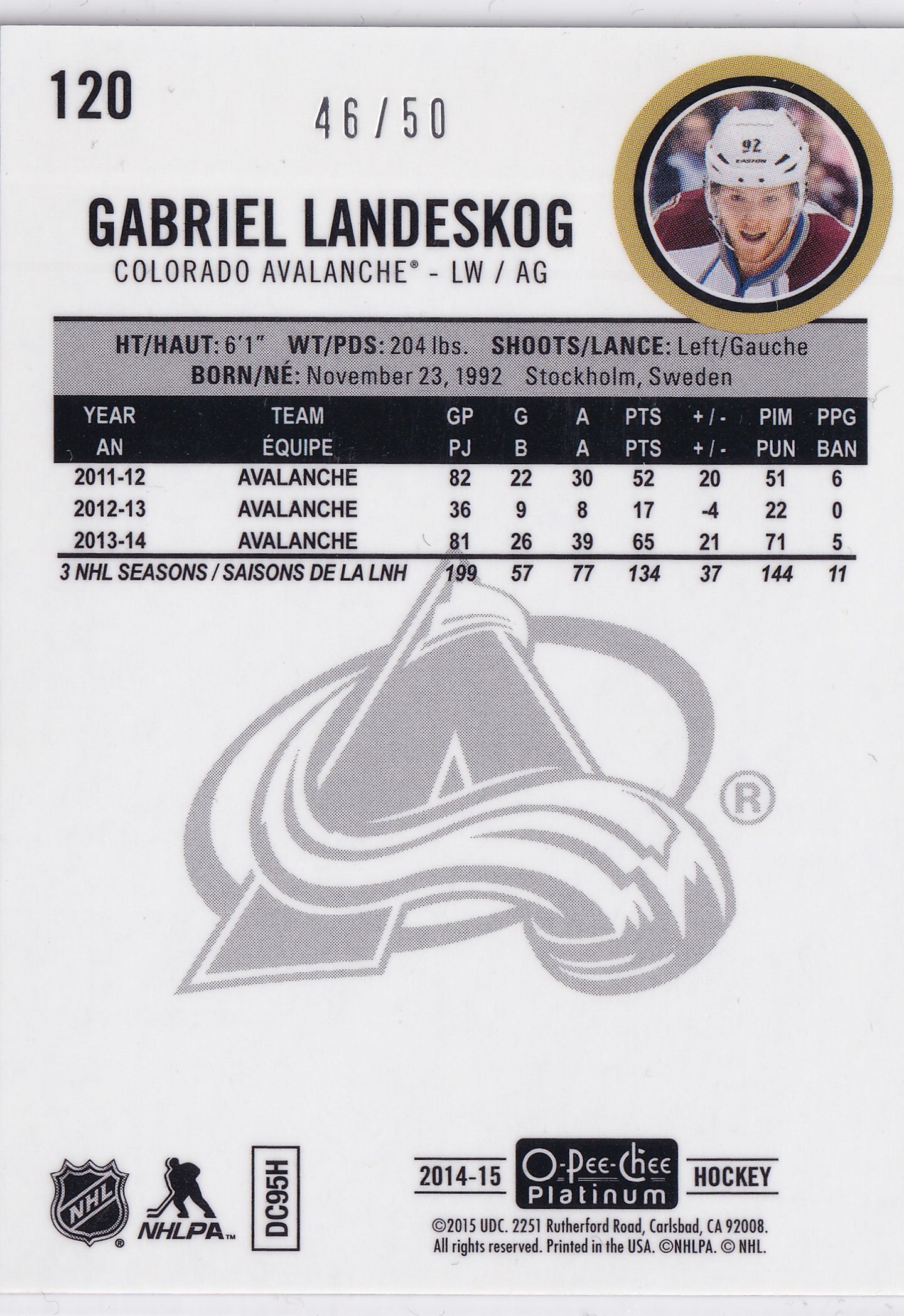 Gabriel Landeskog 2014–15 O-Pee-Chee Platinum Seismic Gold /50 #120
