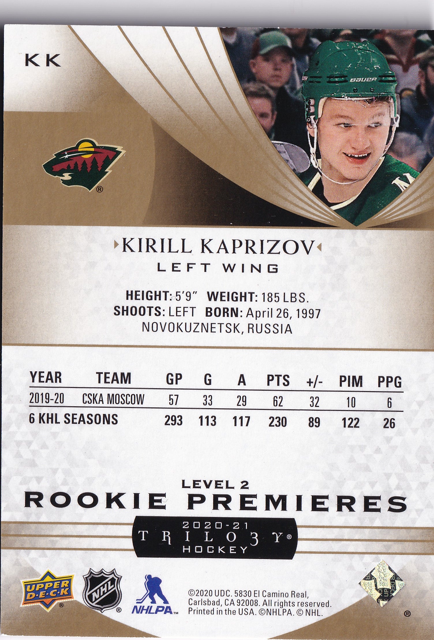 2020–21 Upper Deck Trilogy Kirill Kaprizov Rookie Premieres Level 2 #KK /499