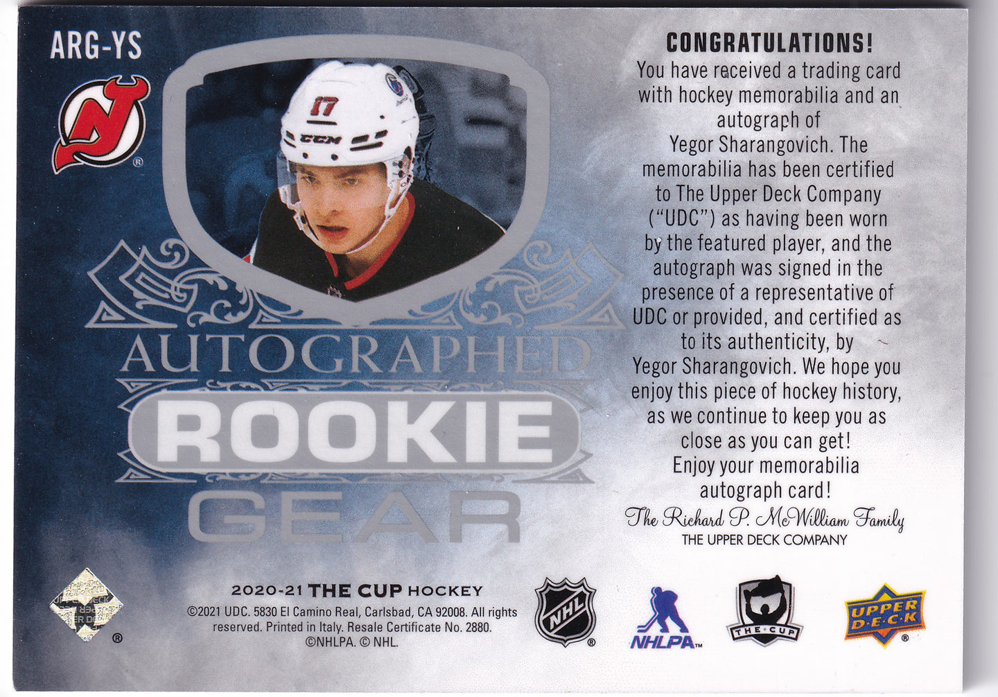 2020–21 The Cup Yegor Sharangovich Autographed Rookie Gear Auto Patch /24 #ARG-YS