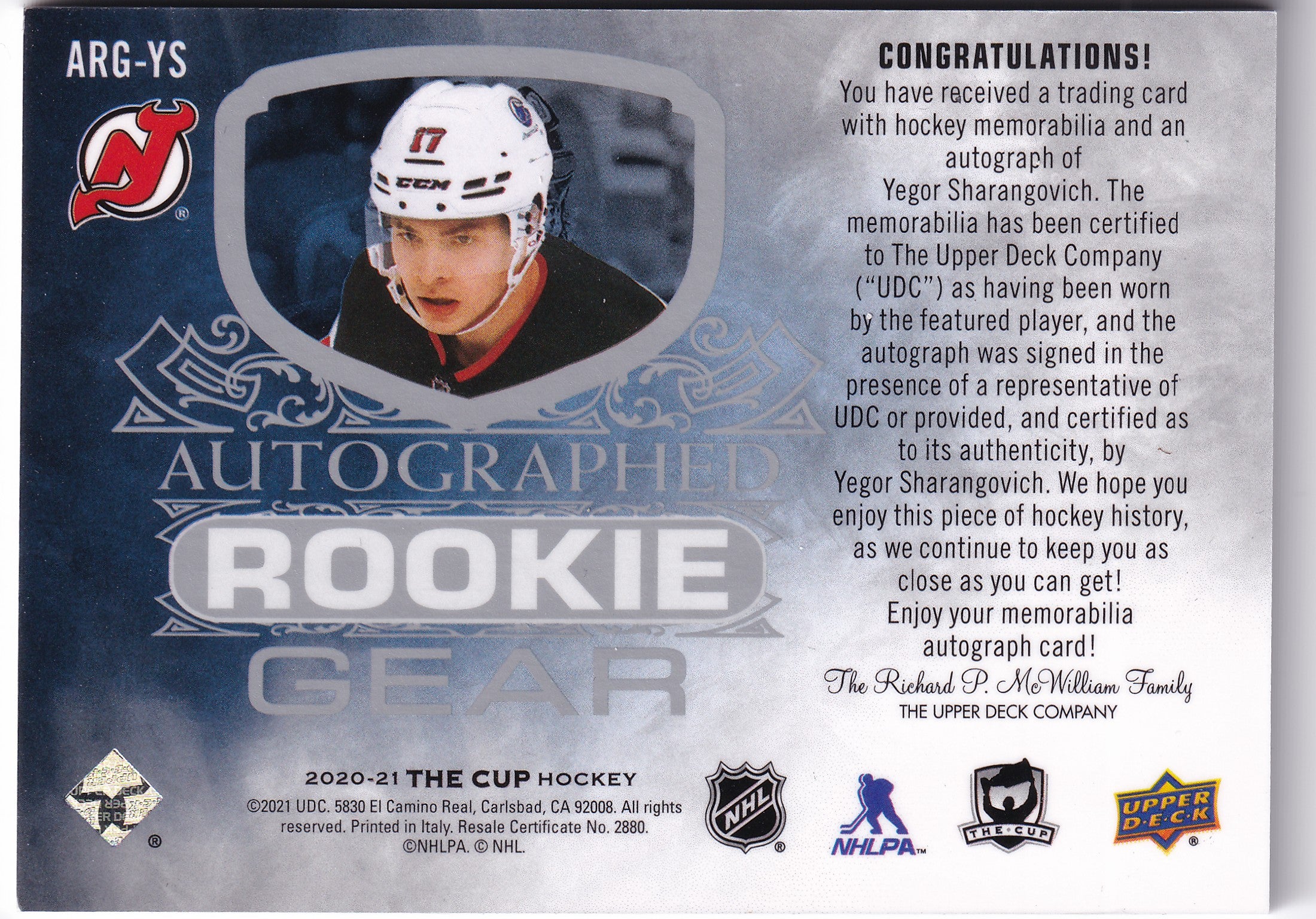 2020–21 The Cup Yegor Sharangovich Autographed Rookie Gear Auto Patch /24 #ARG-YS