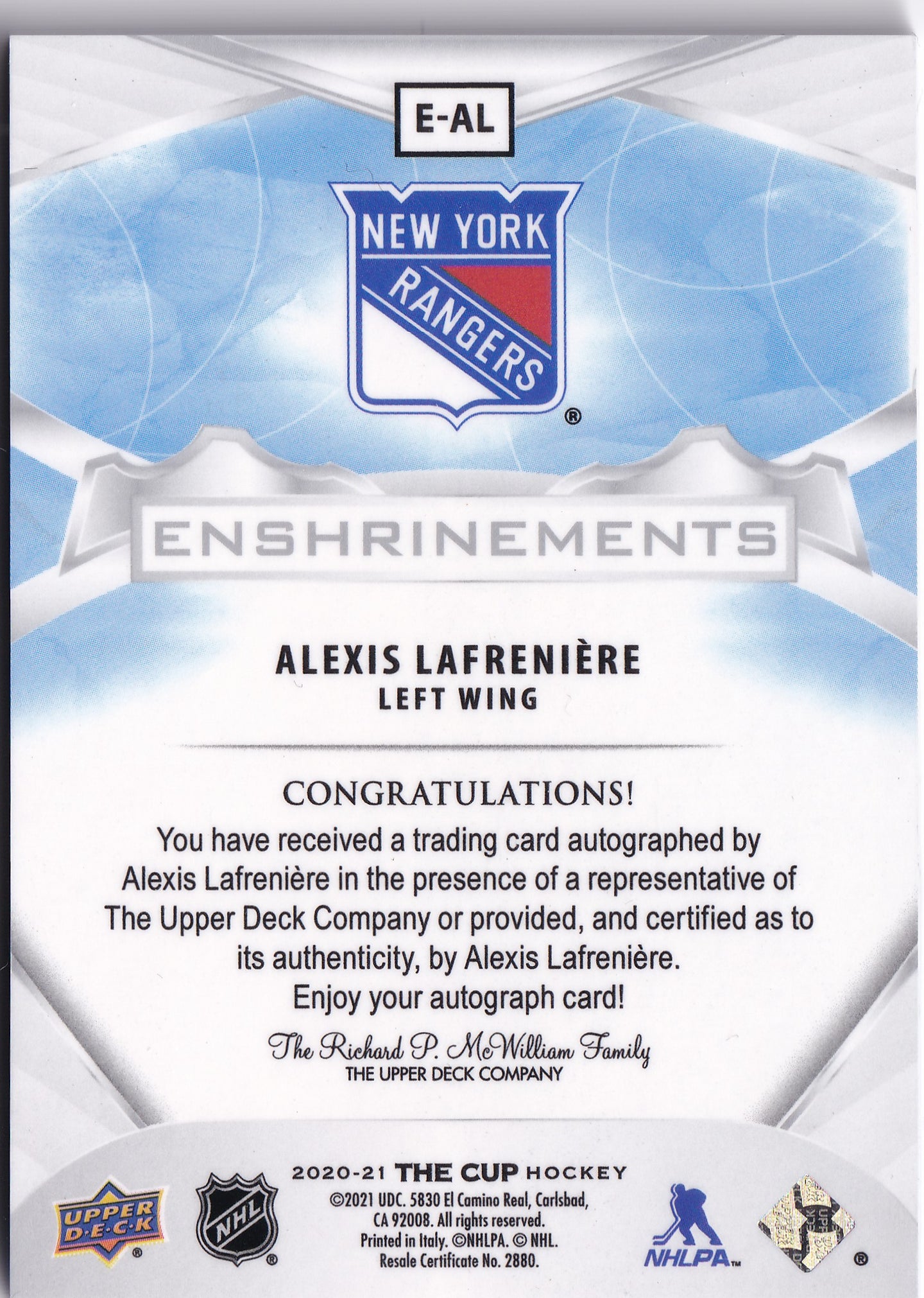 2020–21 The Cup Enshrinements Alexis Lafrenière Rookie Auto /99 #E-AL
