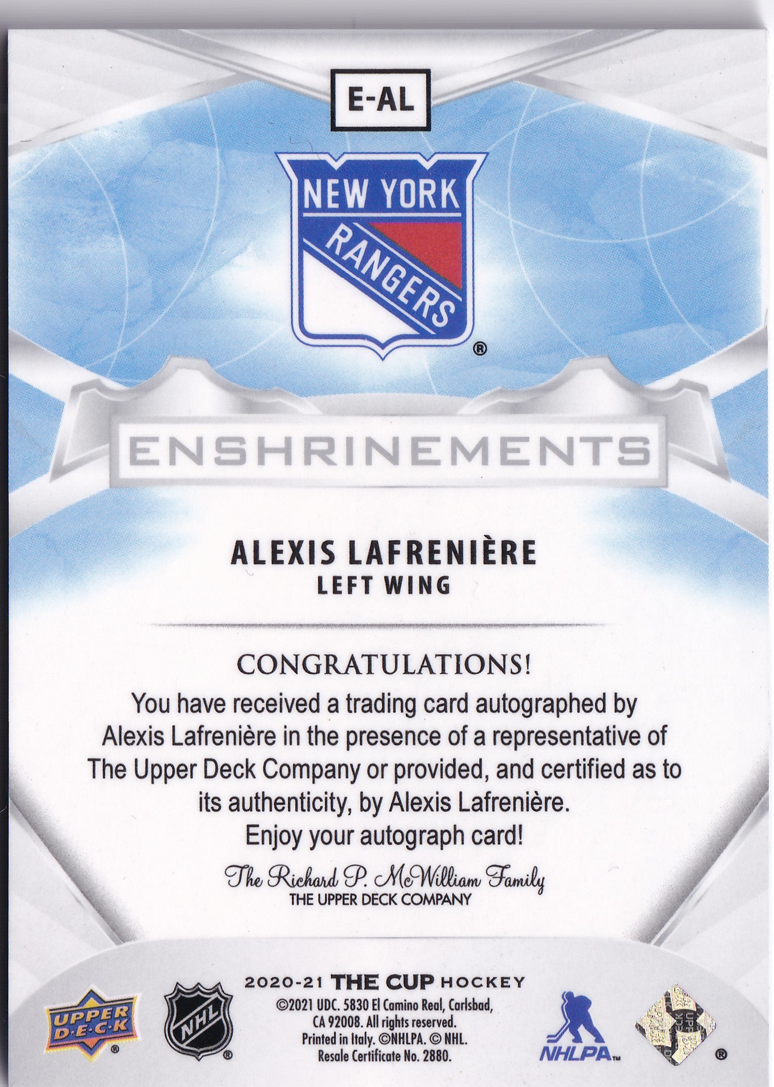 2020–21 The Cup Enshrinements Alexis Lafrenière Rookie Auto /99 #E-AL