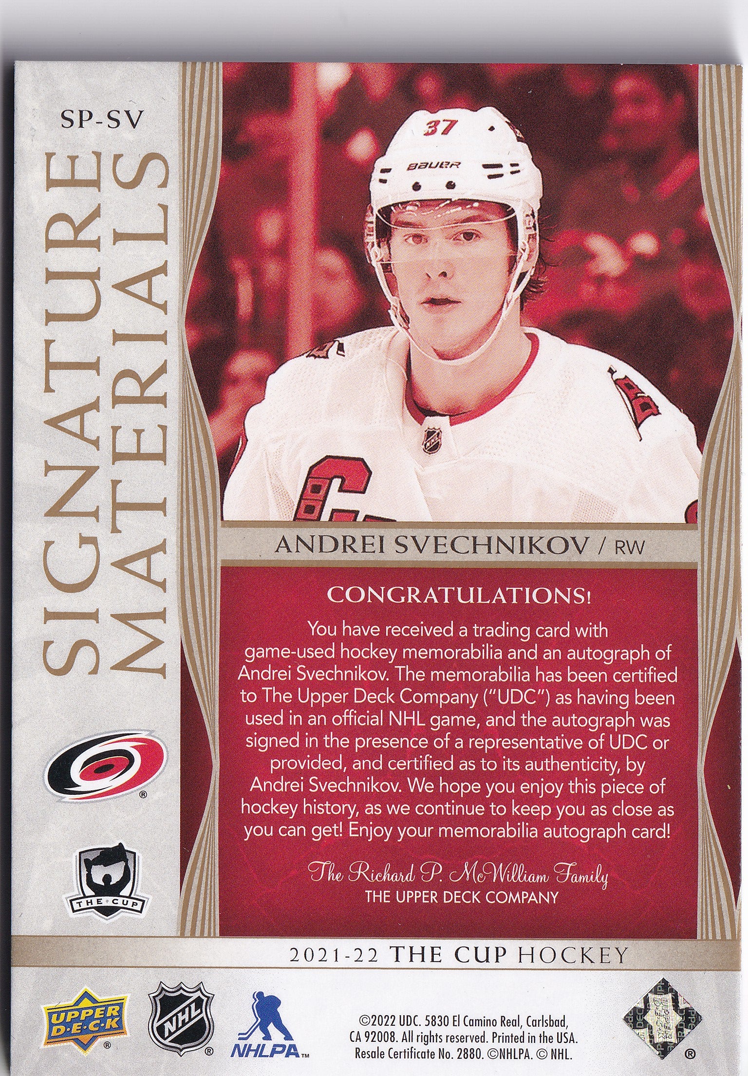 Andrei Svechnikov 2021–22 The Cup Signature Materials Auto Patch /99 #SP-SV – 14/99