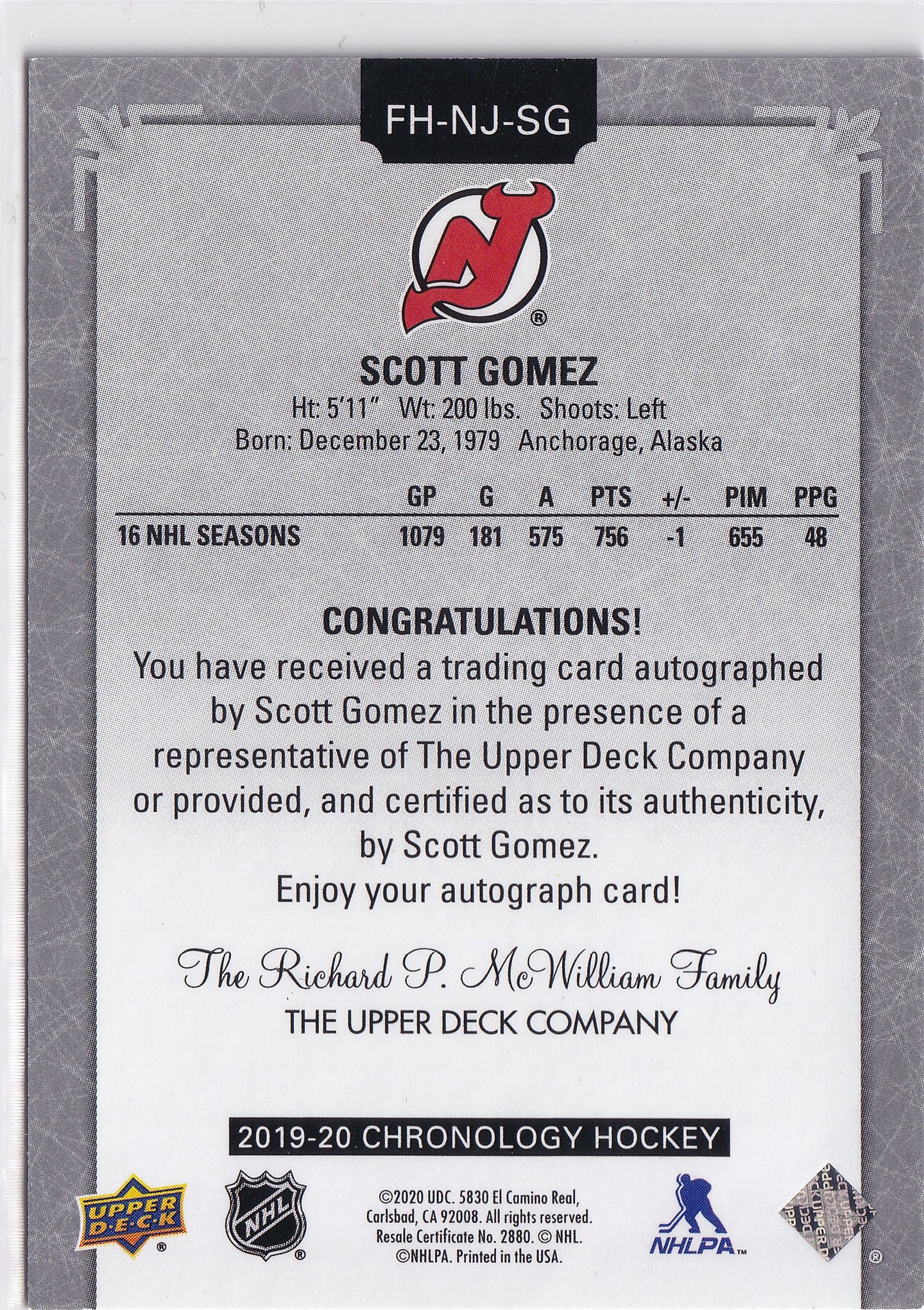 Scott Gomez 2019-20 Chronology Autograph #FH-NJ-SG