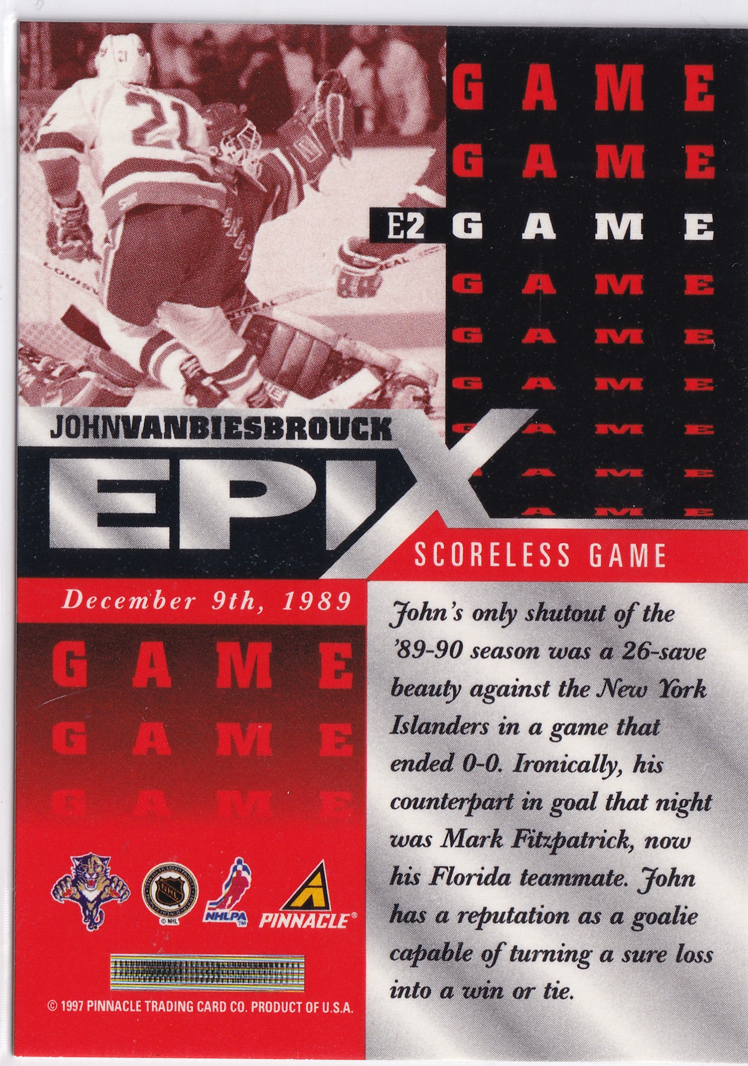 John Vanbiesbrouck 1997–98 Pinnacle Epix Orange Game #E2 – Florida Panthers