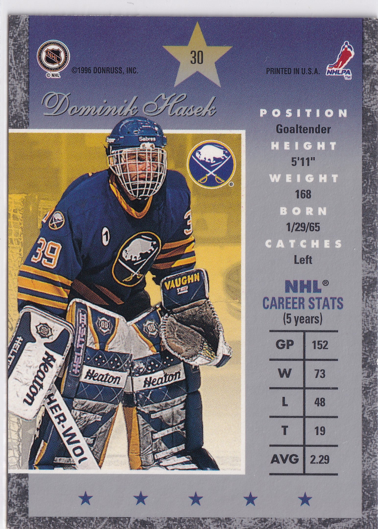 Dominik Hašek 1995–96 Donruss Elite #30 – Buffalo Sabres