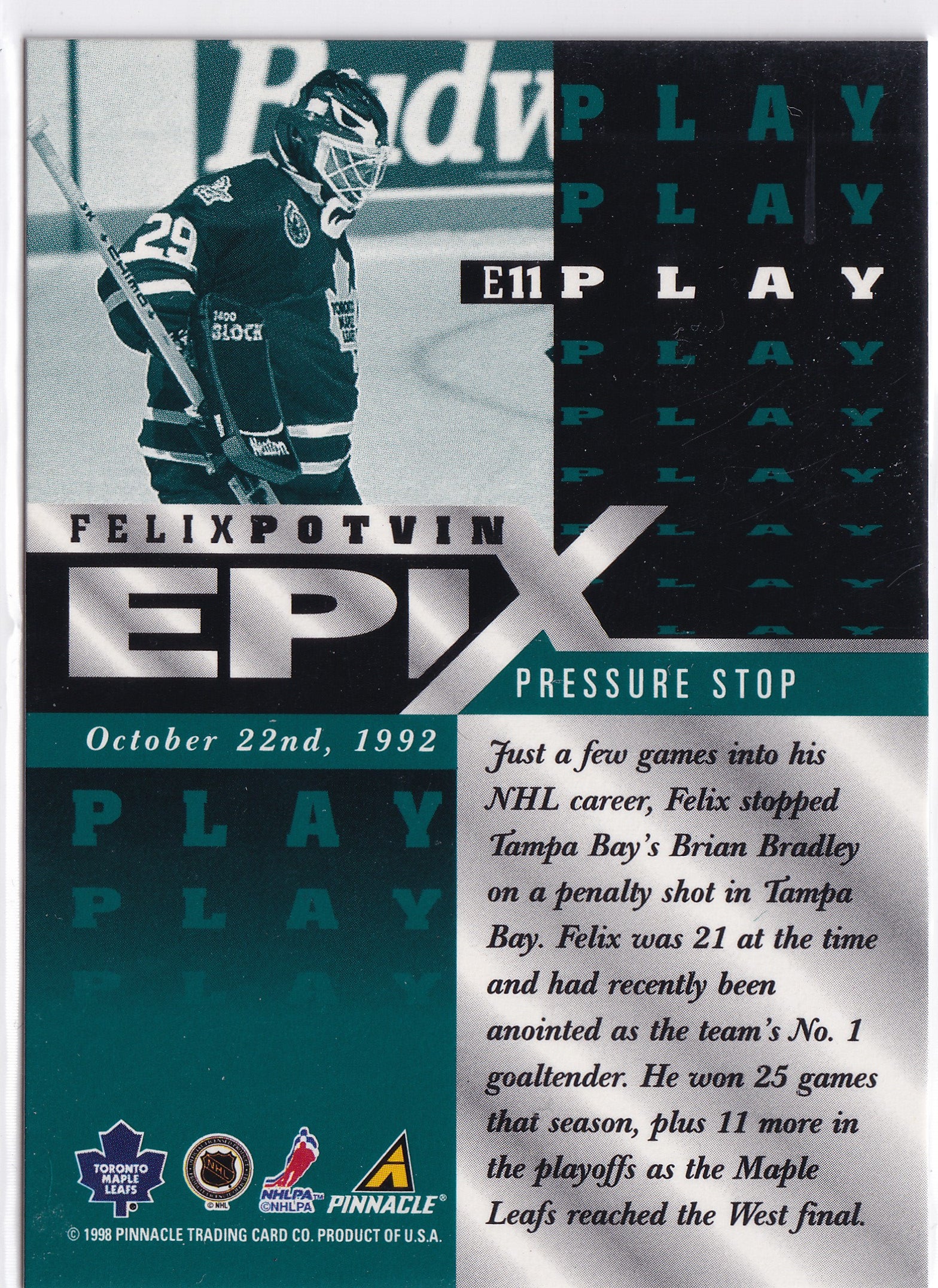Felix Potvin 1997–98 Pinnacle Epix Play Emerald #E11 – Toronto Maple Leafs
