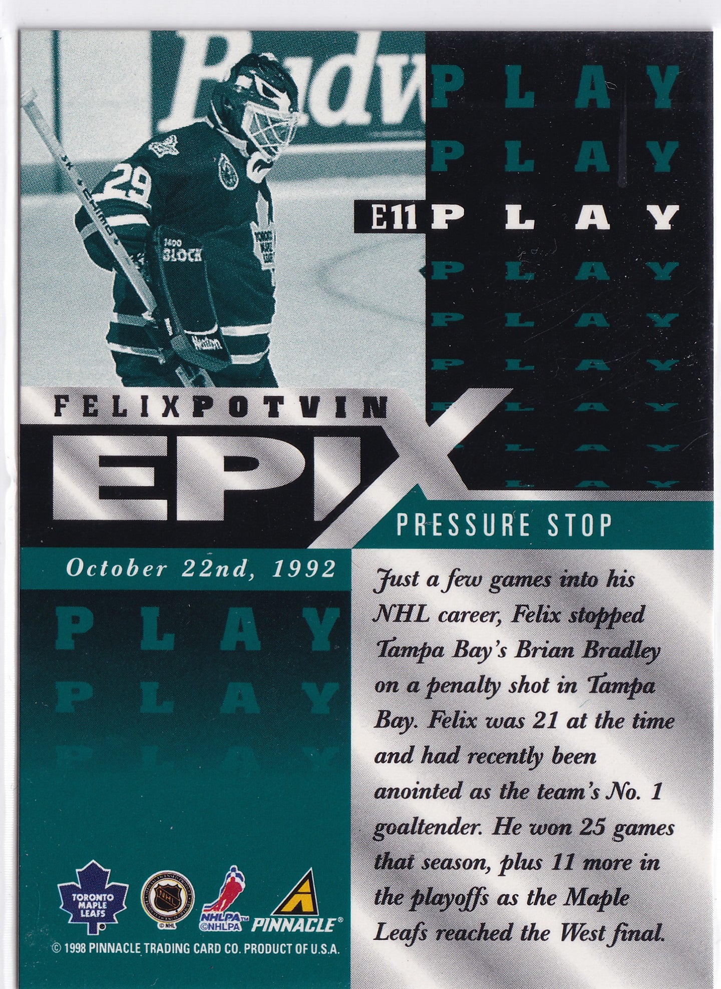 Felix Potvin 1997–98 Pinnacle Epix Play Emerald #E11 – Toronto Maple Leafs