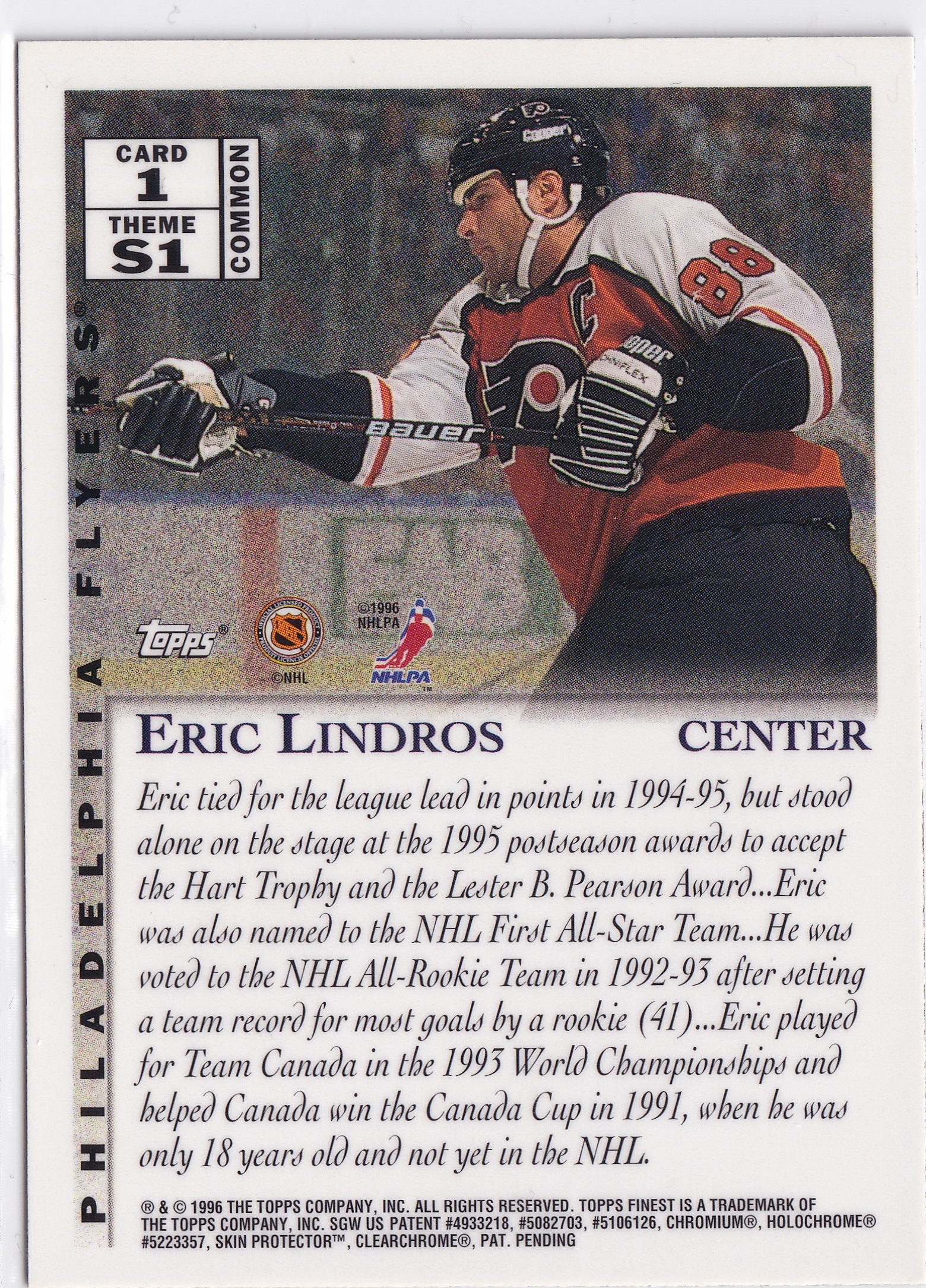 Eric Lindros 1995-96 Topps Finest Sterling #1 – Philadelphia Flyers