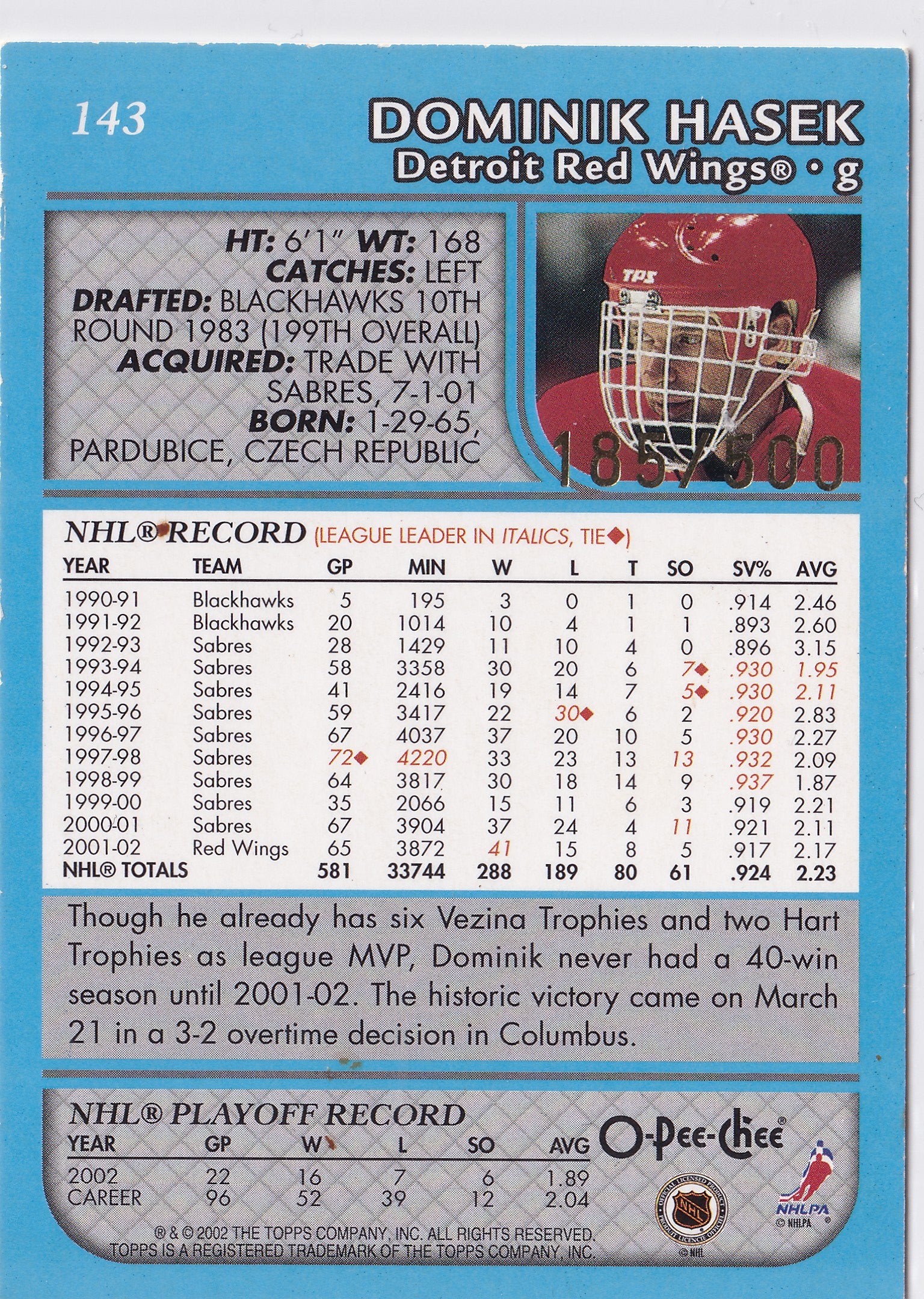 Dominik Hašek 2002–03 O-Pee-Chee Premier Blue #143 /500 – Detroit Red Wings