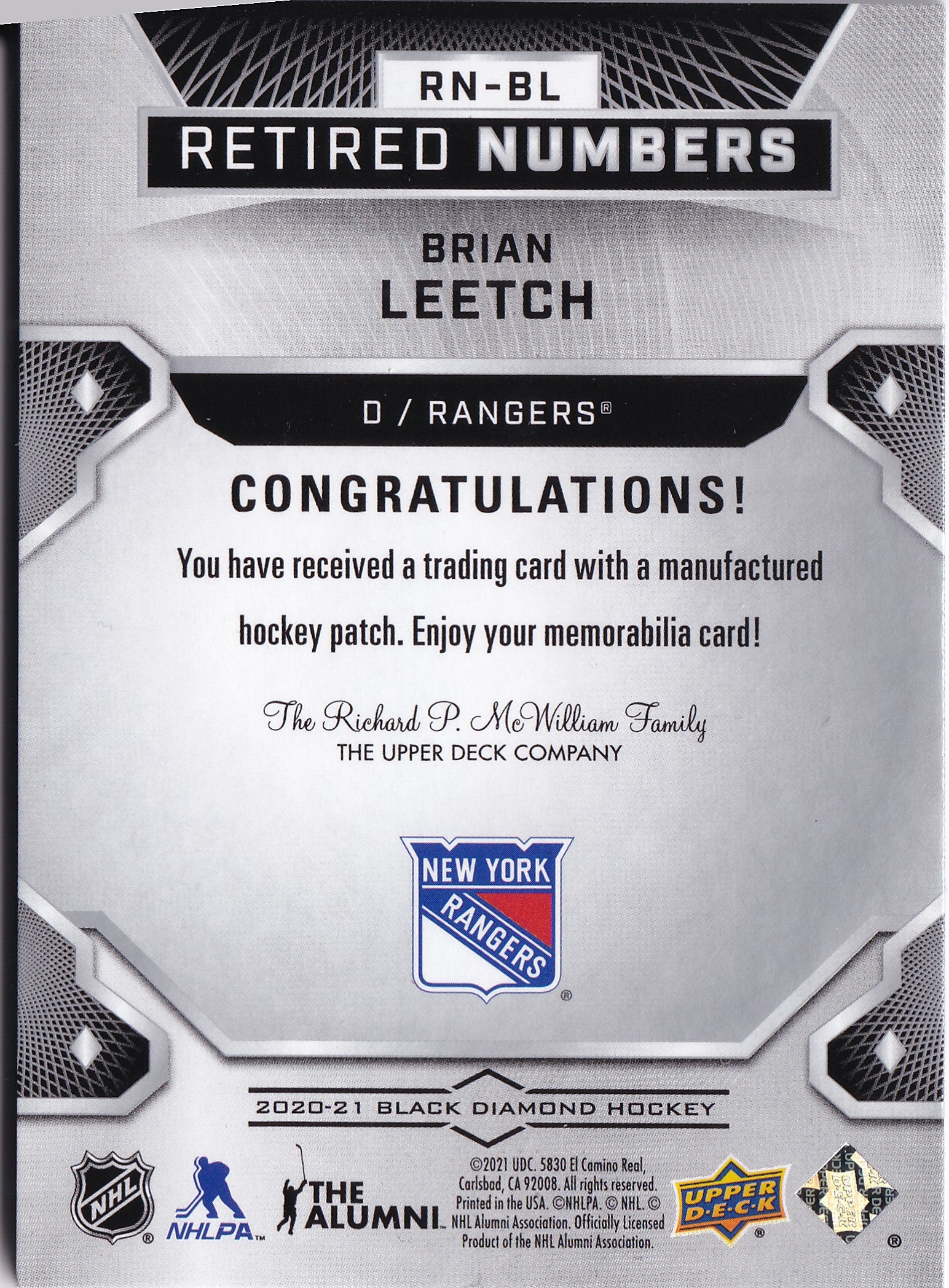 Brian Leetch 2020–21 Upper Deck Black Diamond Retired Numbers Patch /99 #RN-BL – 89/99