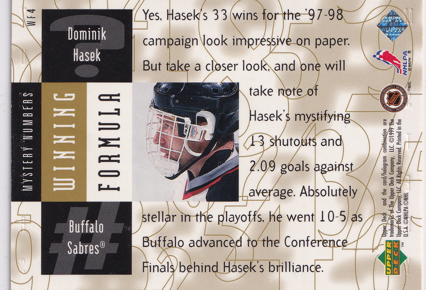 Dominik Hašek 1998-99 Black Diamond Winning Formula #WF4