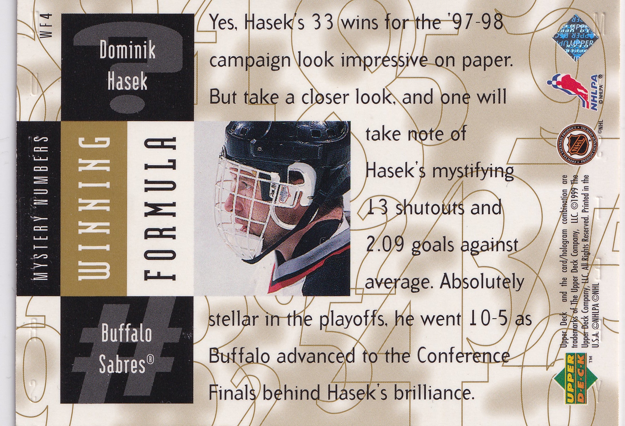 Dominik Hašek 1998-99 Black Diamond Winning Formula #WF4