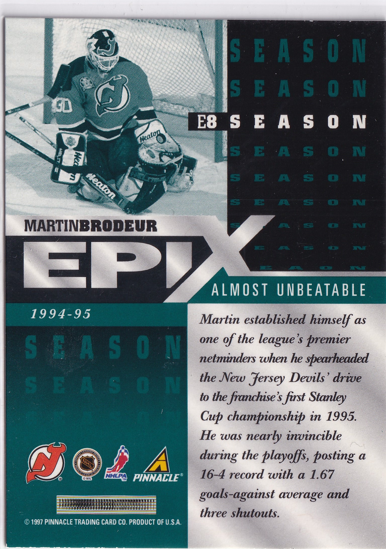 Martin Brodeur 1997–98 Pinnacle Epix Season Emerald #E8 – New Jersey Devils
