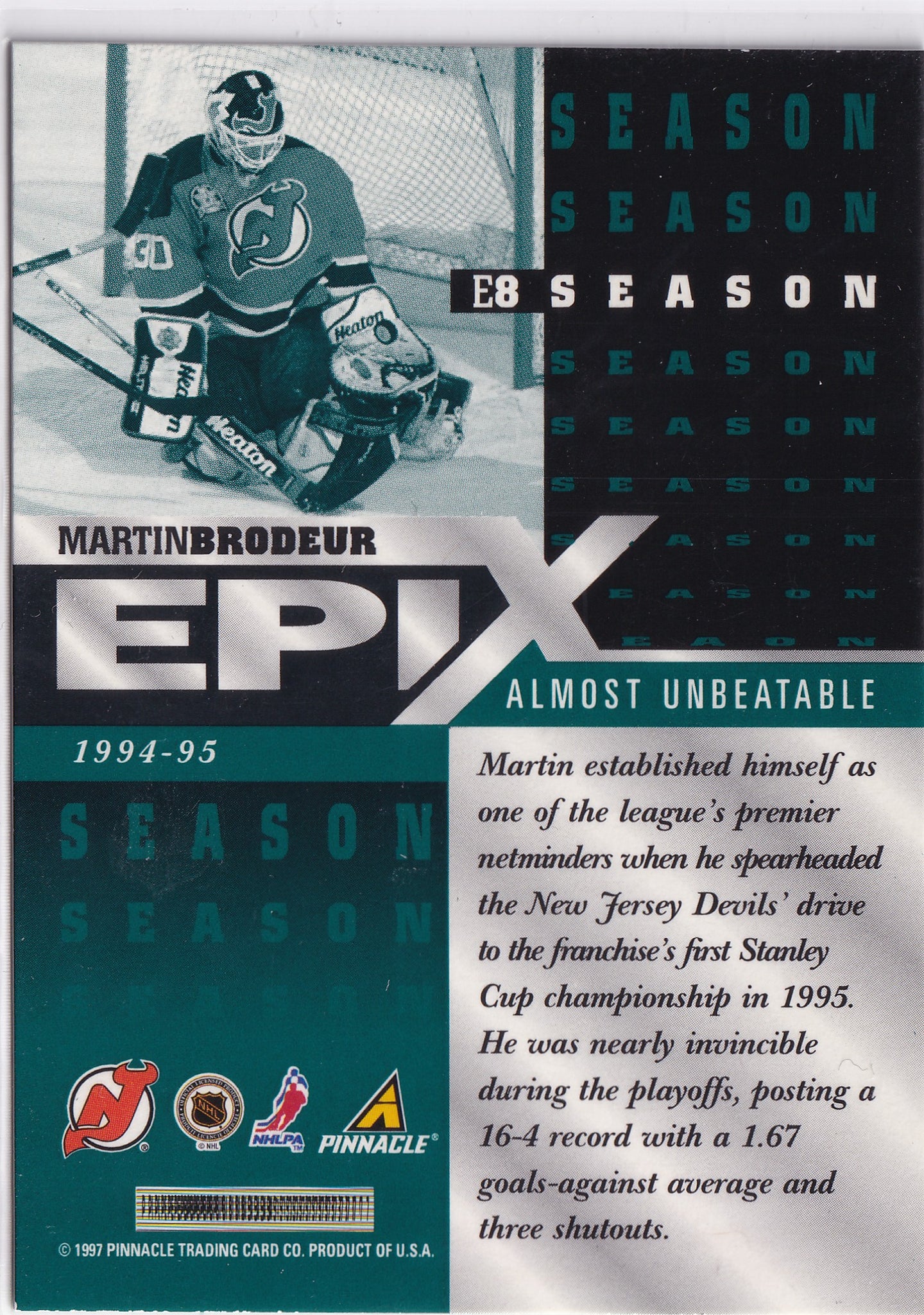 Martin Brodeur 1997–98 Pinnacle Epix Season Emerald #E8 – New Jersey Devils