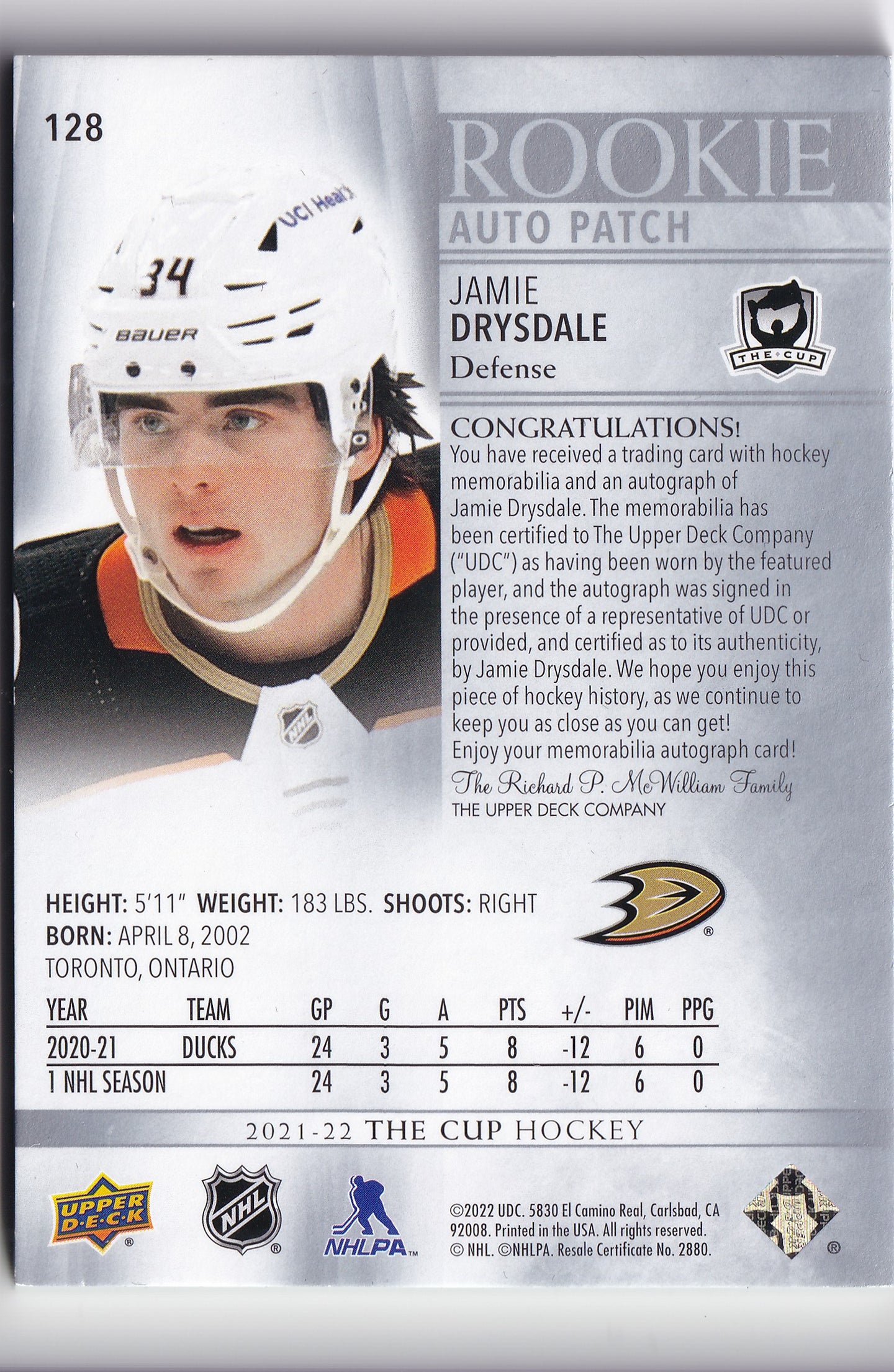 Jamie Drysdale 2021–22 The Cup Rookie Auto Patch /249 #128 – 213/249