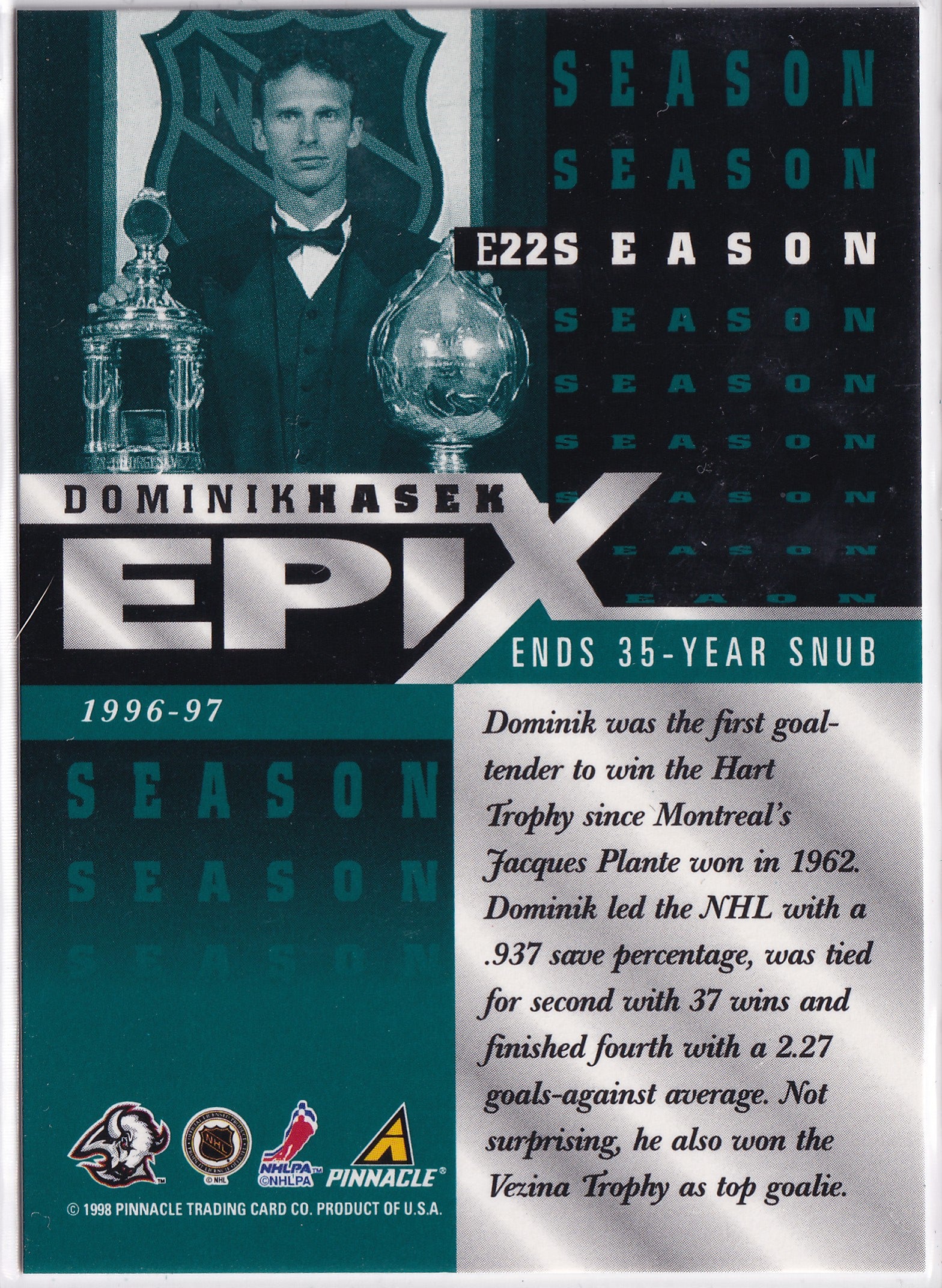 Dominik Hašek 1997–98 Pinnacle Epix Season Emerald #E22 /50 – Buffalo Sabres