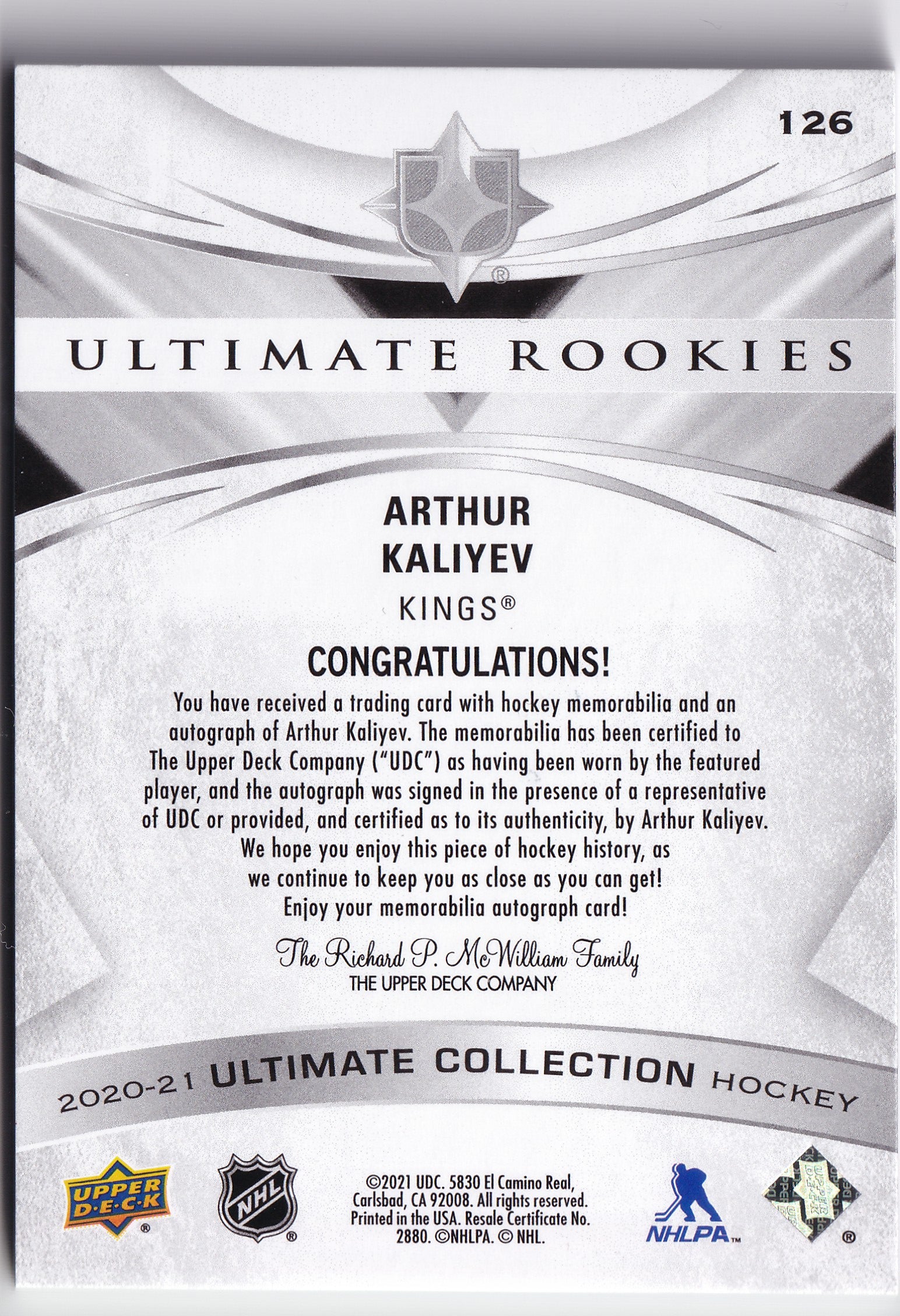 Arthur Kaliyev 2020–21 Ultimate Collection Ultimate Rookies Auto Patch /99 #126 – 92/99