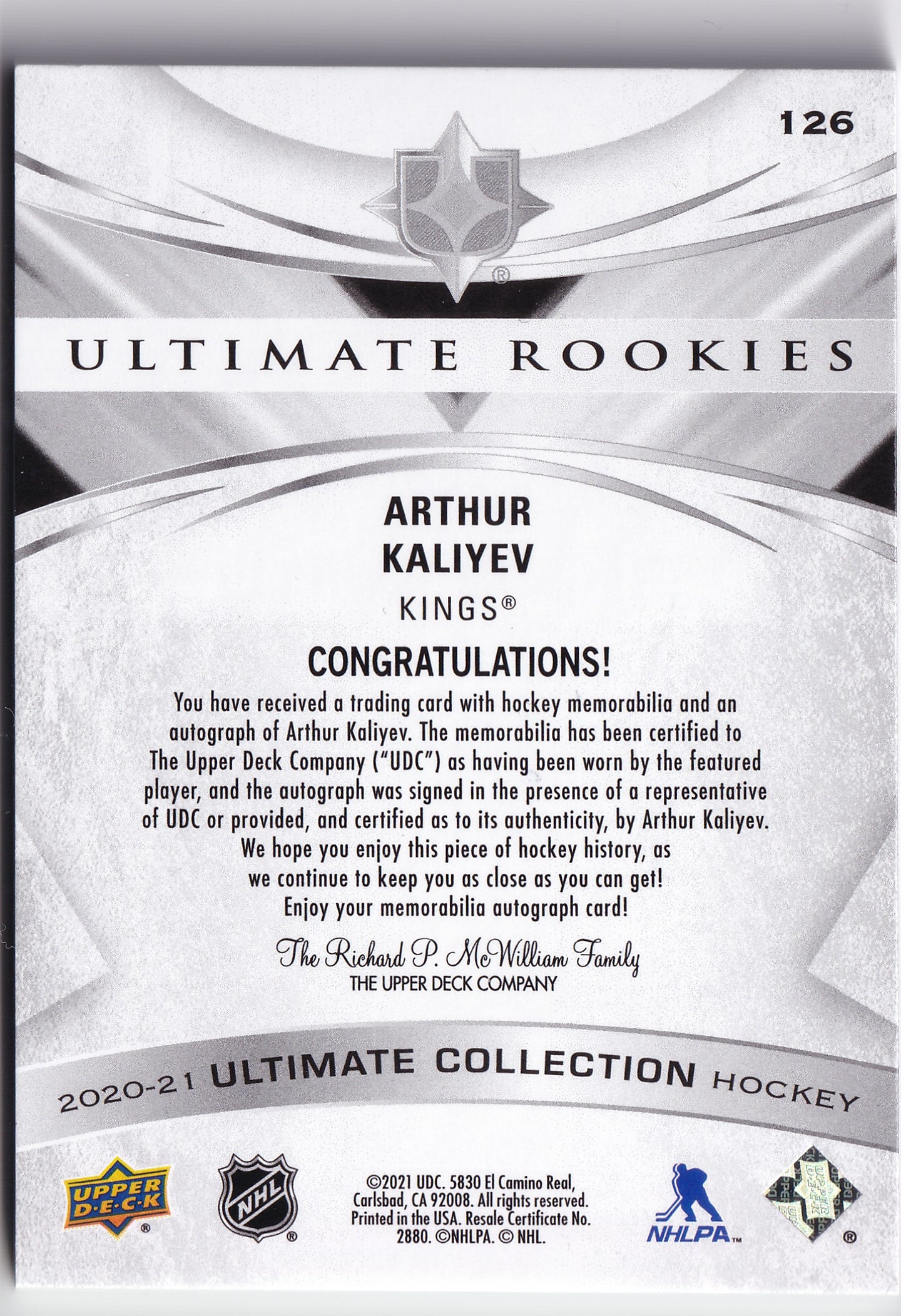 Arthur Kaliyev 2020–21 Ultimate Collection Ultimate Rookies Auto Patch /99 #126 – 92/99