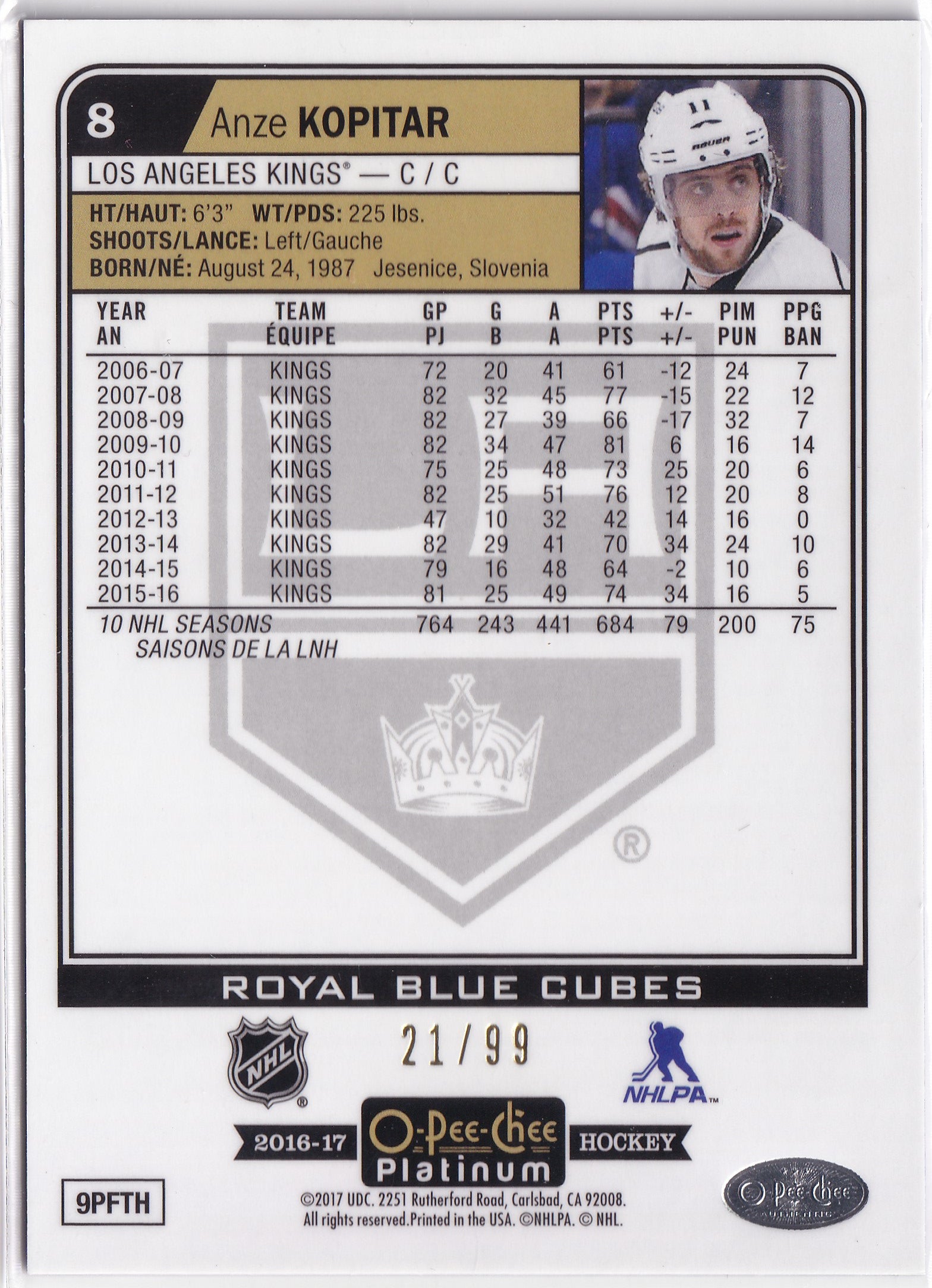 Anže Kopitar 2016-17 O-Pee-Chee Platinum Royal Blue Cubes /99 #8 – 21/99
