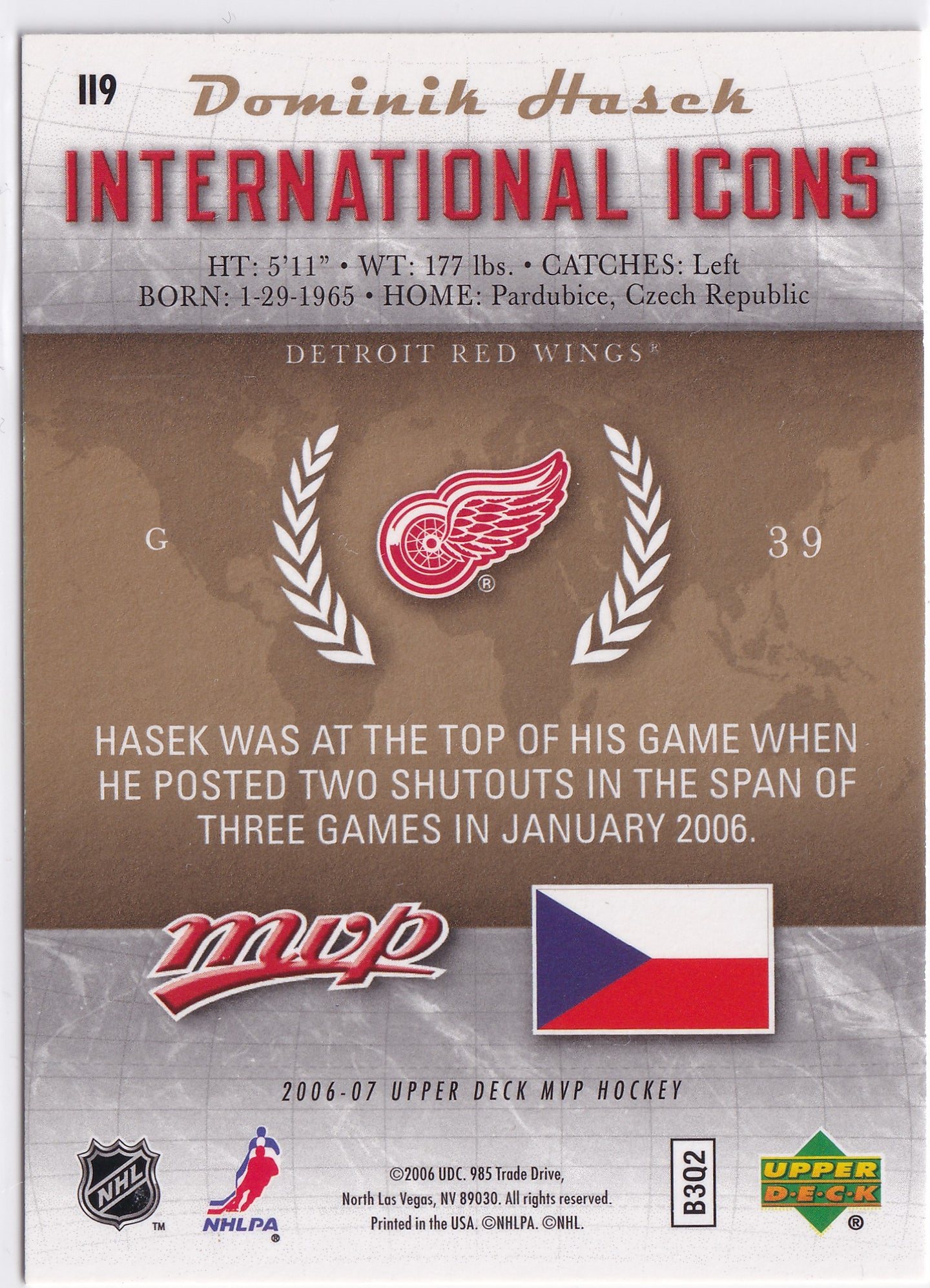 Dominik Hašek 2006–07 Upper Deck MVP International Icons #II9 – Detroit Red Wings