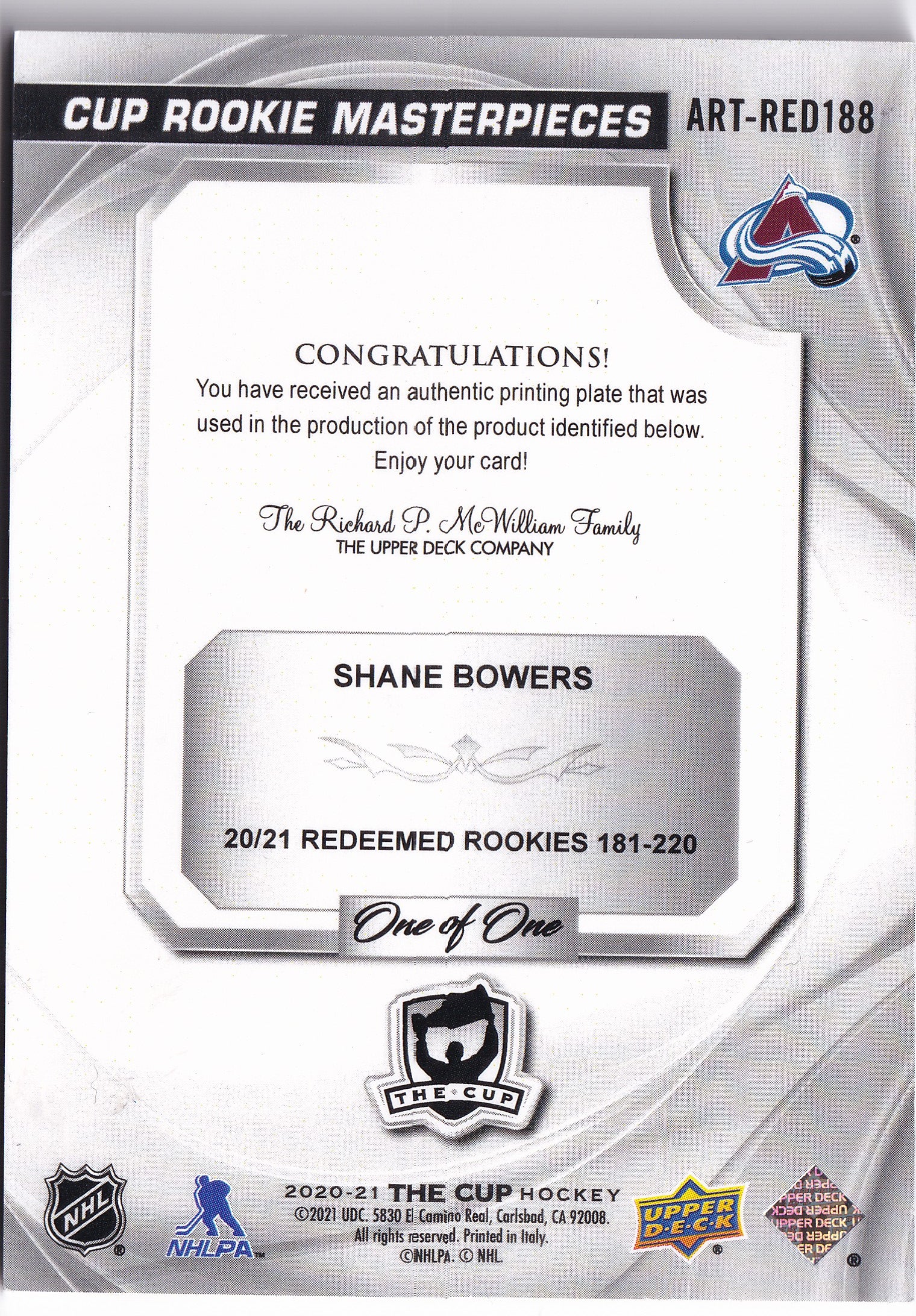 Shane Bowers 2020–21 The Cup Rookie Masterpieces Magenta Printing Plate 1/1 #ART-RED188