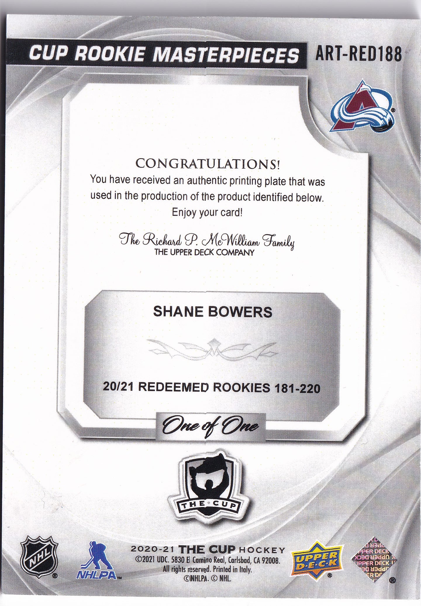 Shane Bowers 2020–21 The Cup Rookie Masterpieces Magenta Printing Plate 1/1 #ART-RED188