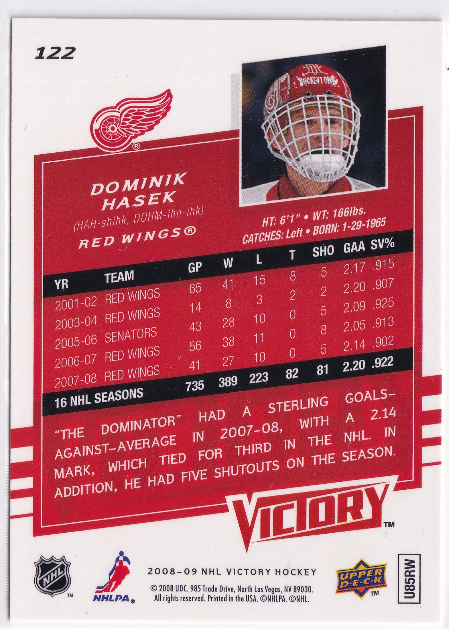Dominik Hašek 2008-09 Upper Deck Victory #122 – Detroit Red Wings