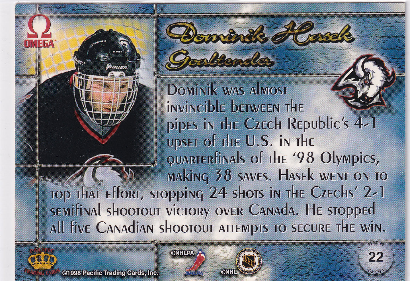Dominik Hašek 1997-98 Pacific Omega #22 – Buffalo Sabres