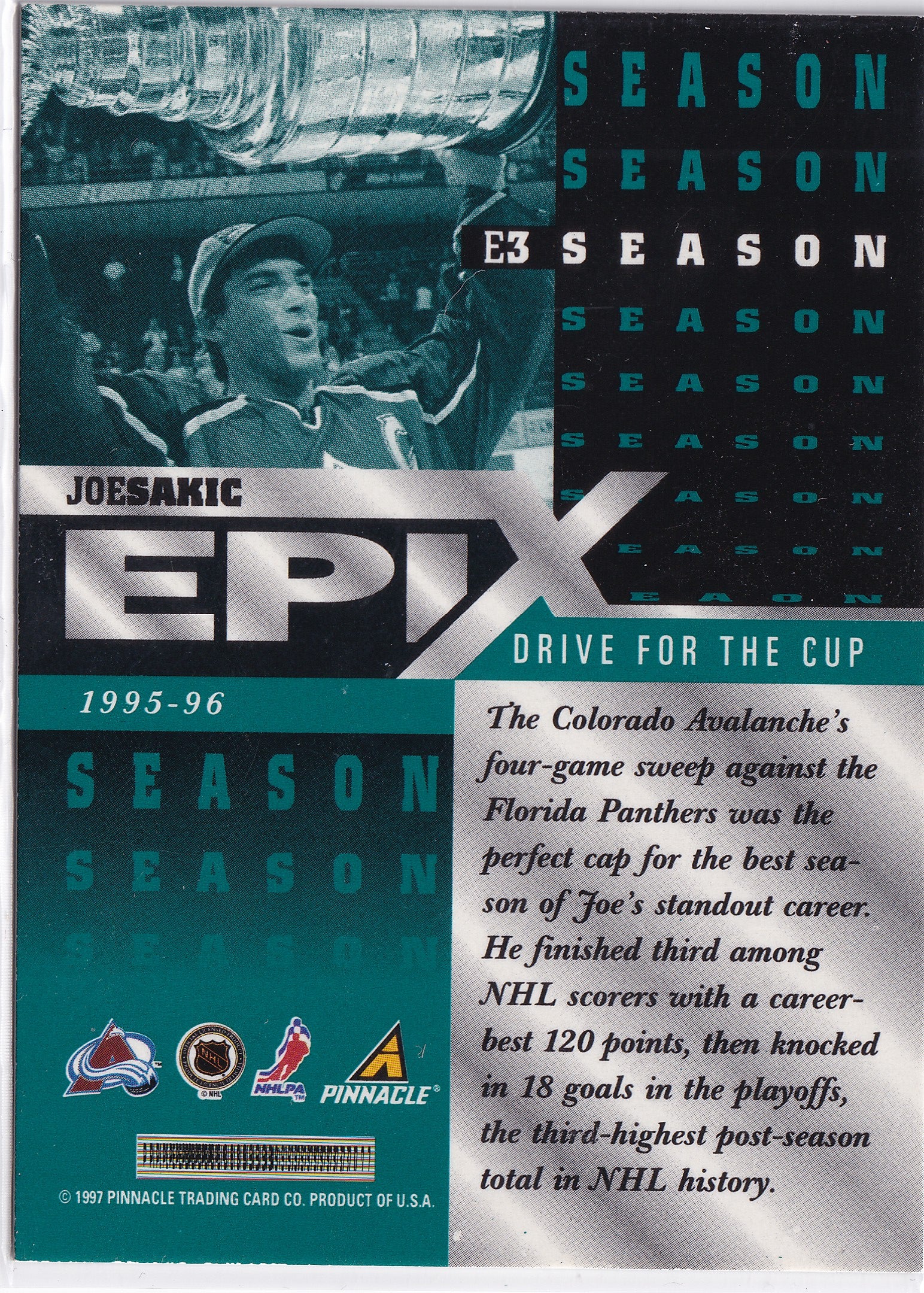 Joe Sakic 1997–98 Pinnacle Epix Season Emerald #E3 /50 – Colorado Avalanche