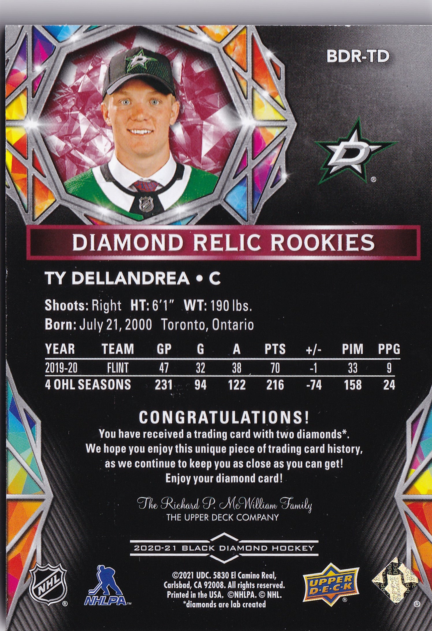 Ty Dellandrea 2020–21 Black Diamond Diamond Relic Rookies Double Diamond Ruby /49 #BDR-TD – 45/49