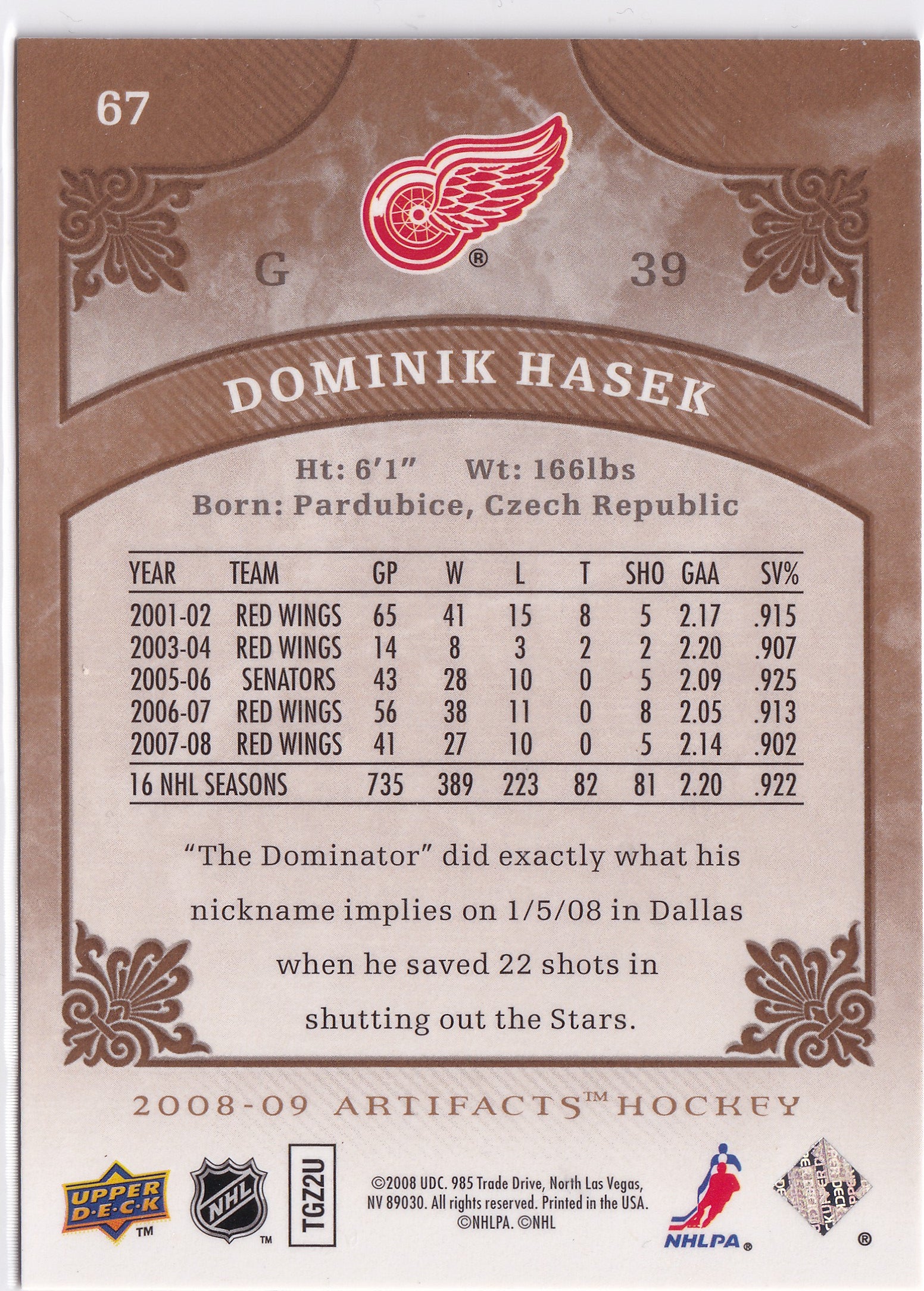 Dominik Hašek 2008-09 Artifacts #67