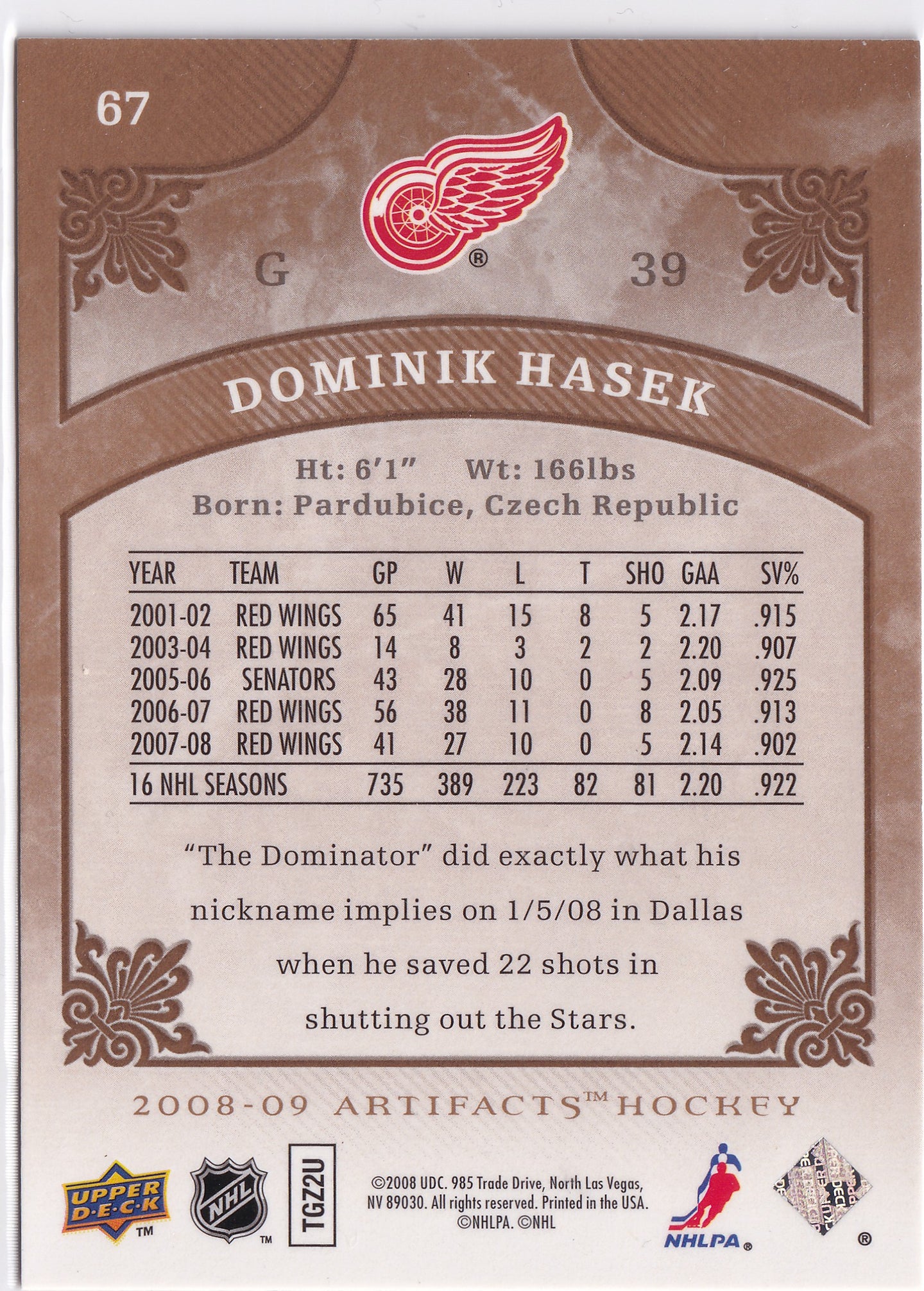 Dominik Hašek 2008-09 Artifacts #67