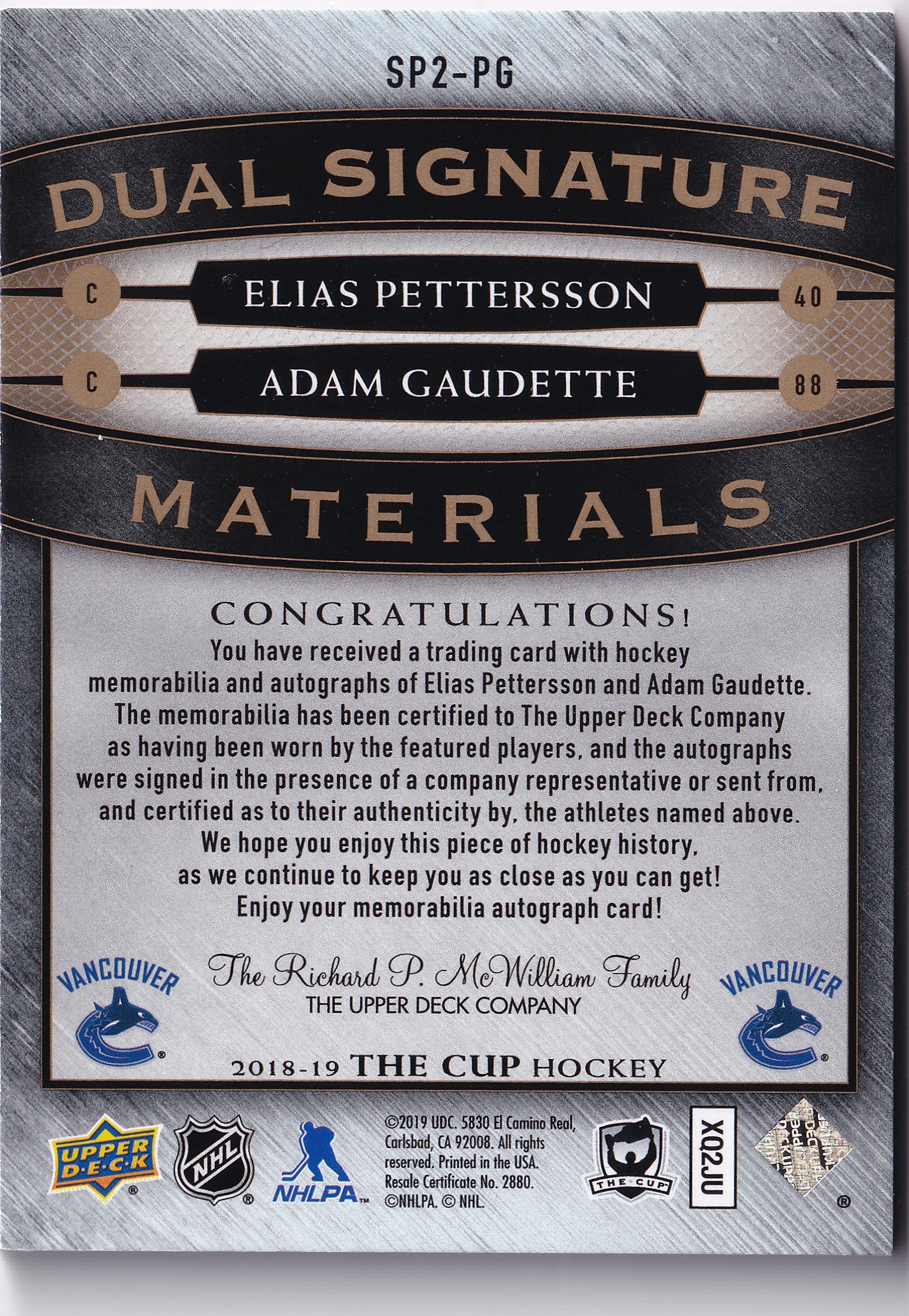 Elias Pettersson & Adam Gaudette 2018–19 The Cup Dual Signature Materials Auto Patch /15 #SP2-PG – 10/15