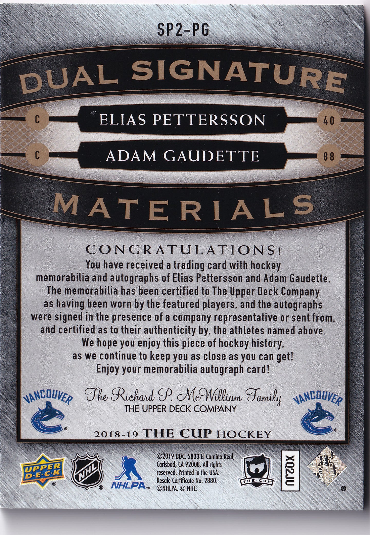 Elias Pettersson & Adam Gaudette 2018–19 The Cup Dual Signature Materials Auto Patch /15 #SP2-PG – 10/15