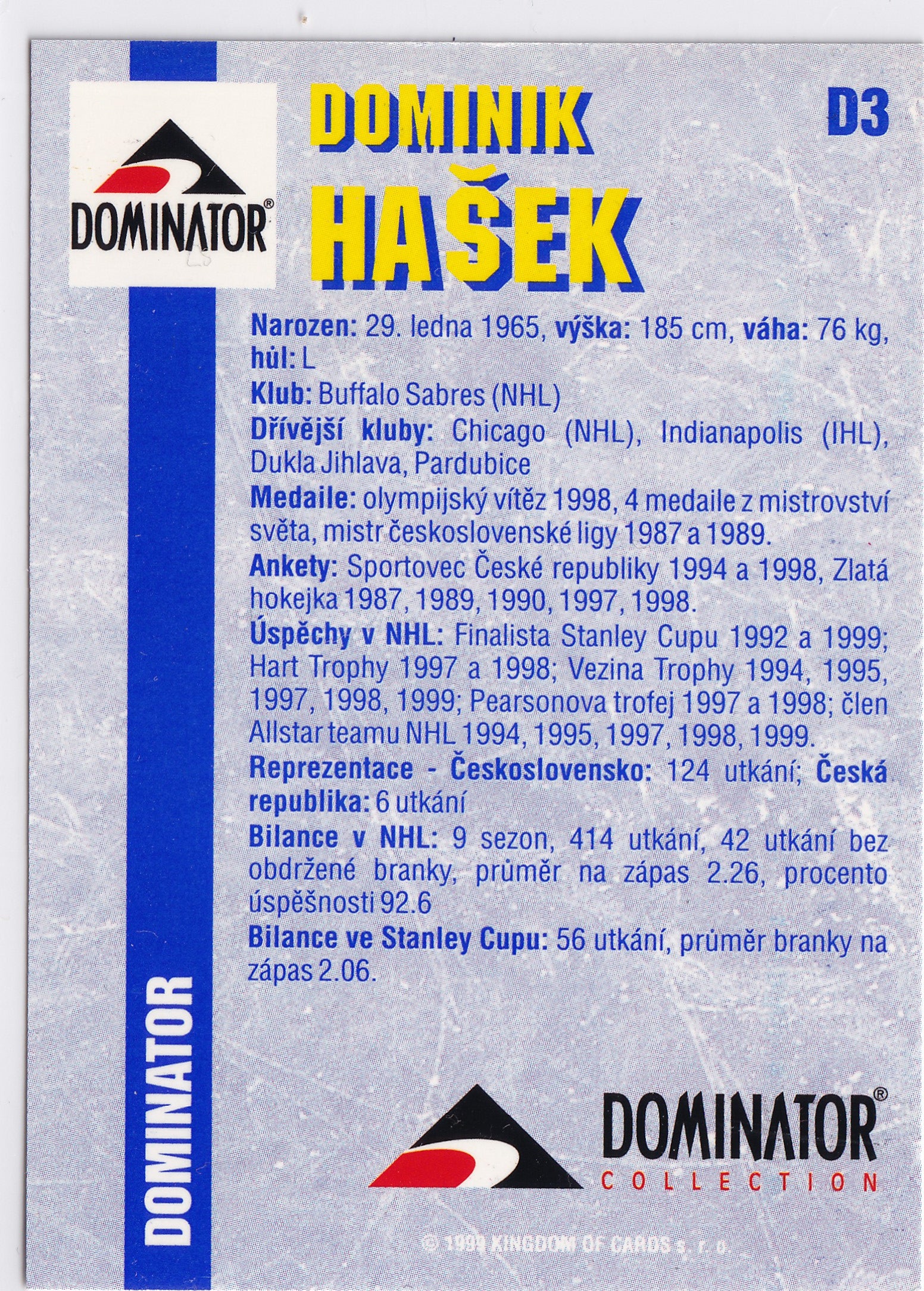 Dominik Hašek 1999–00 Score Dominator Collection #D3 – Buffalo Sabres