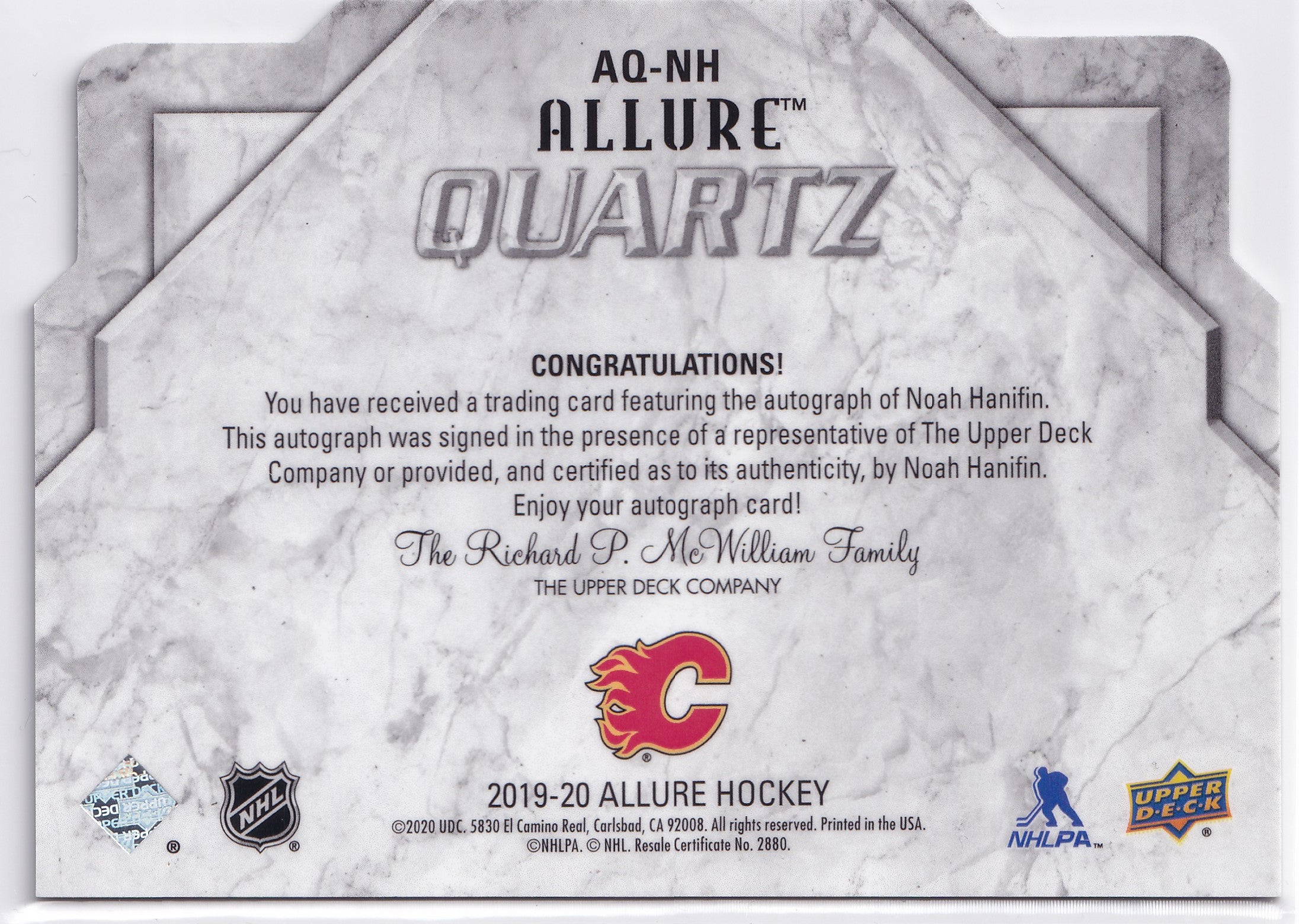 Noah Hanifin 2019-20 Upper Deck Allure Quartz Autographs #AQ-NH – Calgary Flames