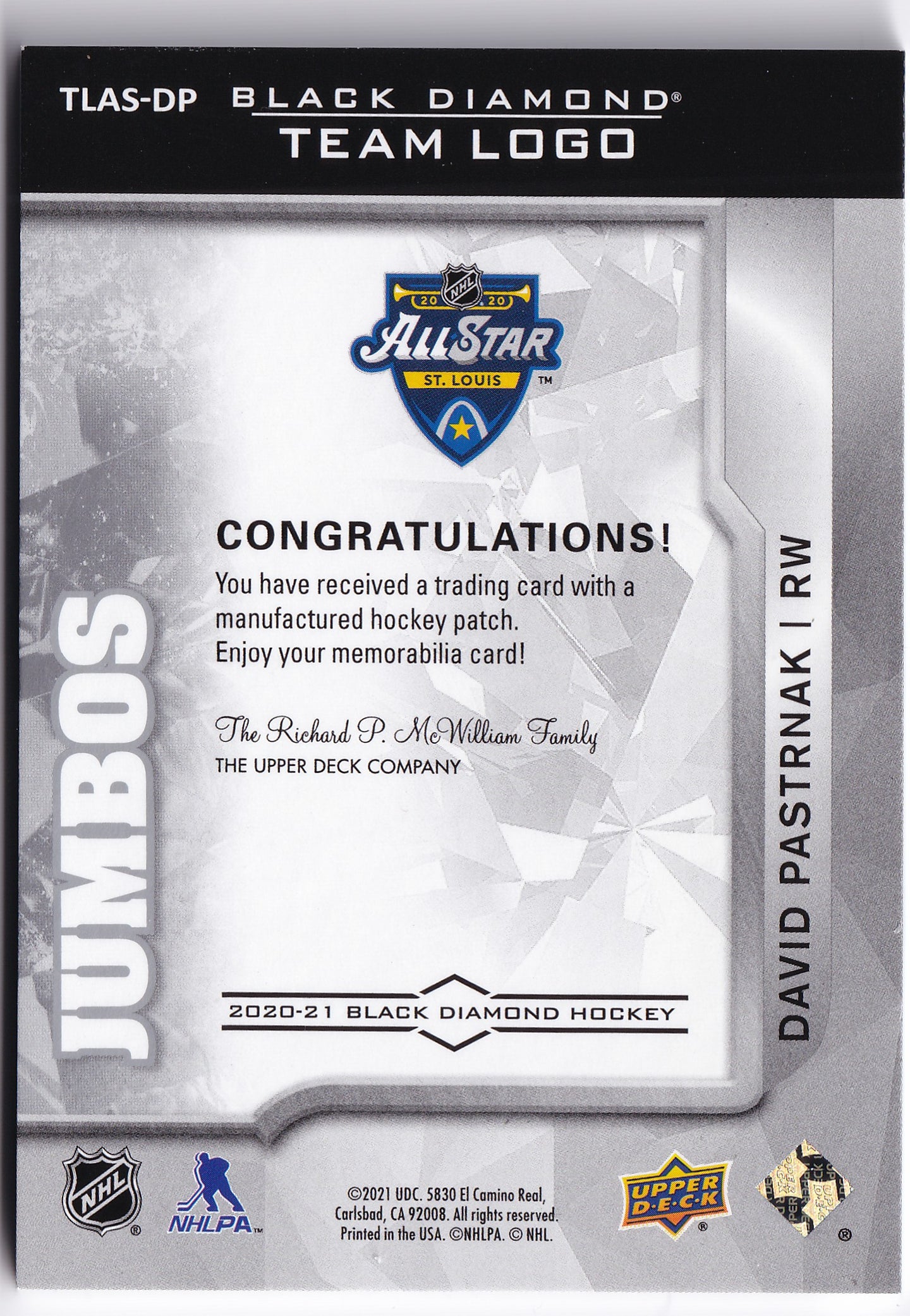 David Pastrňák 2020–21 Upper Deck Black Diamond Team Logo Jumbos All-Star Patch #TLAS-DP