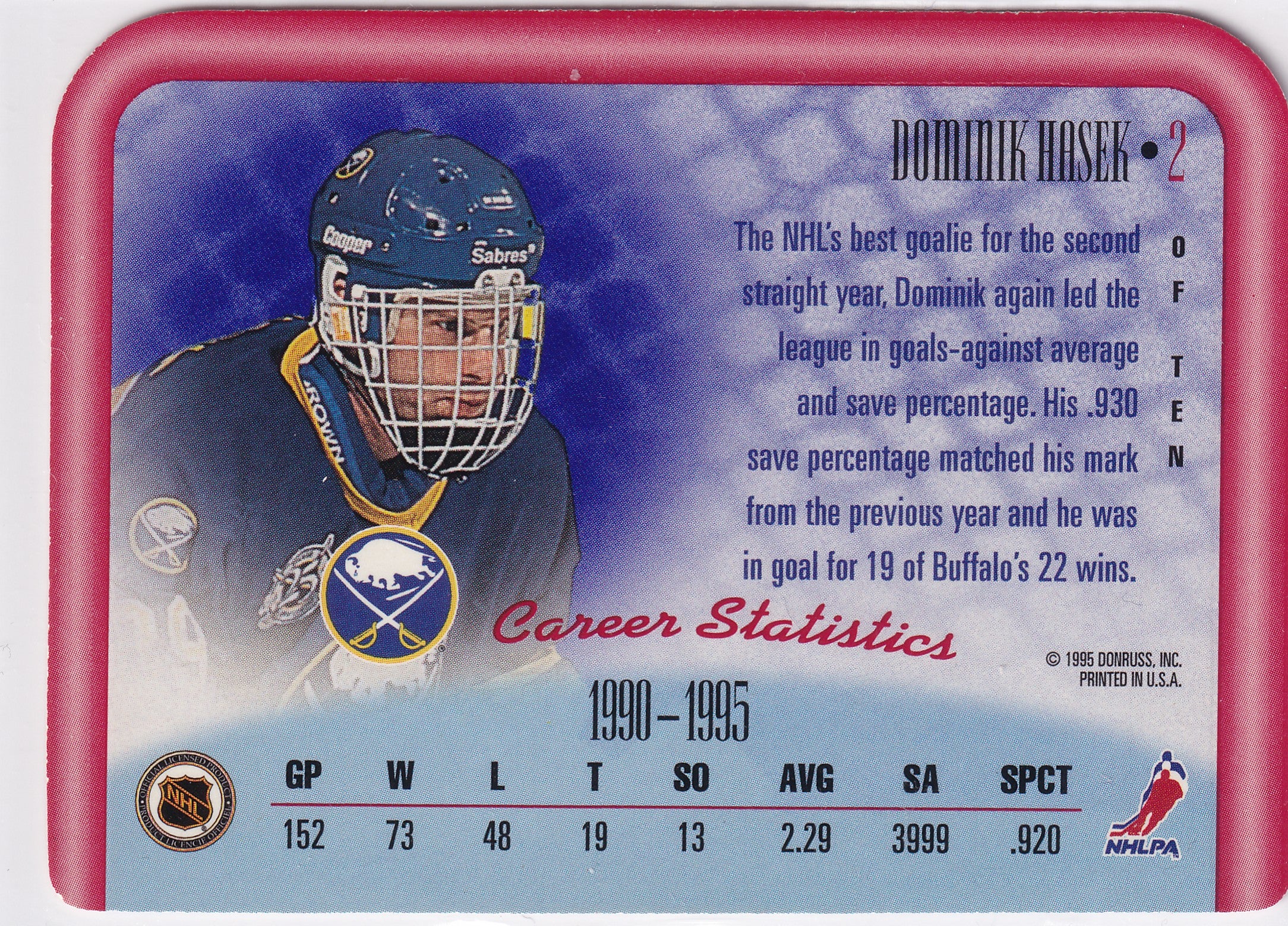 Dominik Hašek 1995 Donruss Between the Pipes #2