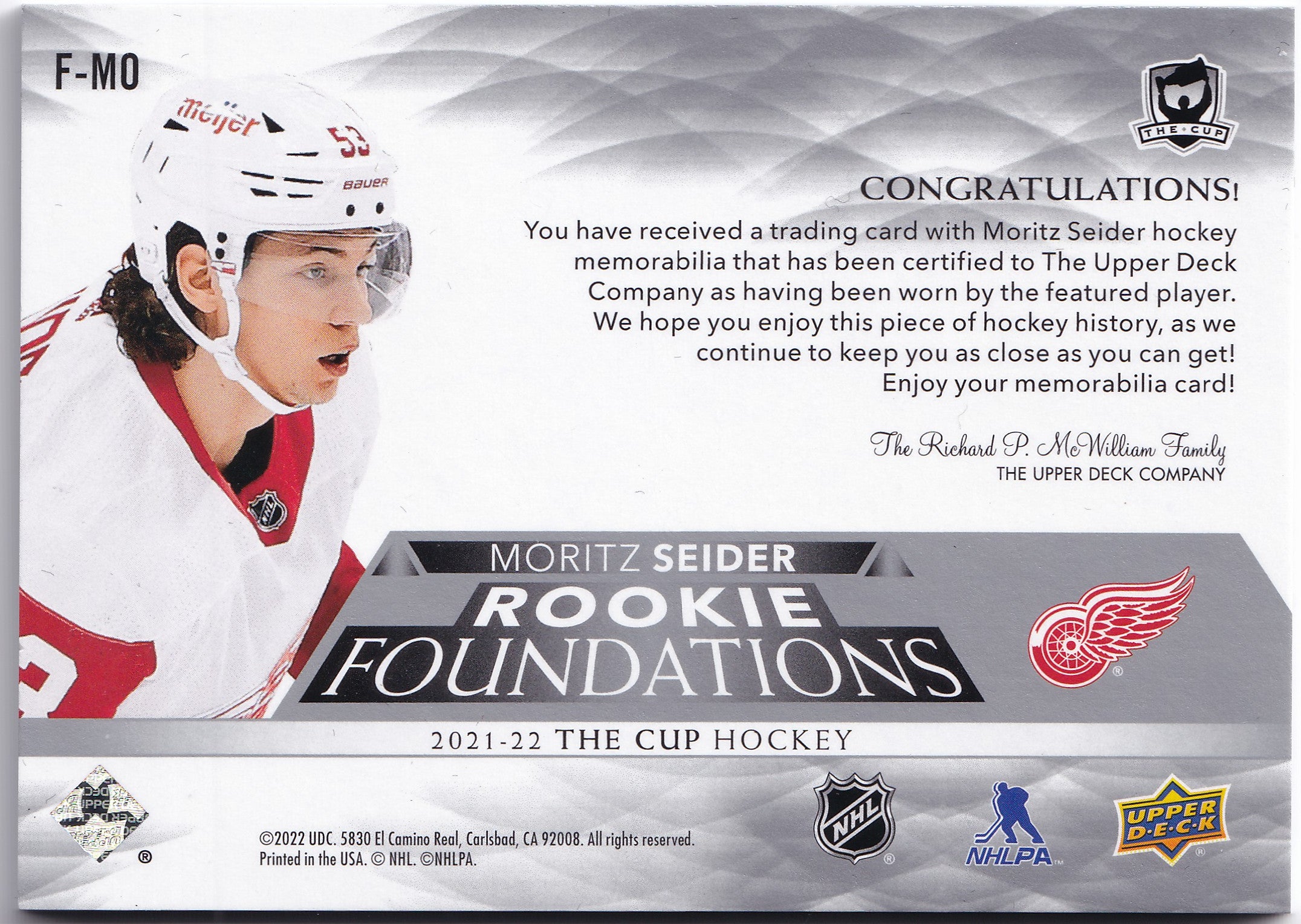 Moritz Seider 2021–22 The Cup Rookie Foundations Quad Jersey /99 #F-MO – 45/99