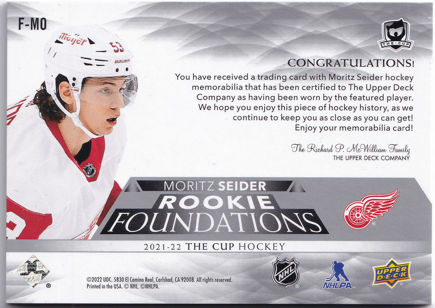 Moritz Seider 2021–22 The Cup Rookie Foundations Quad Jersey /99 #F-MO – 45/99