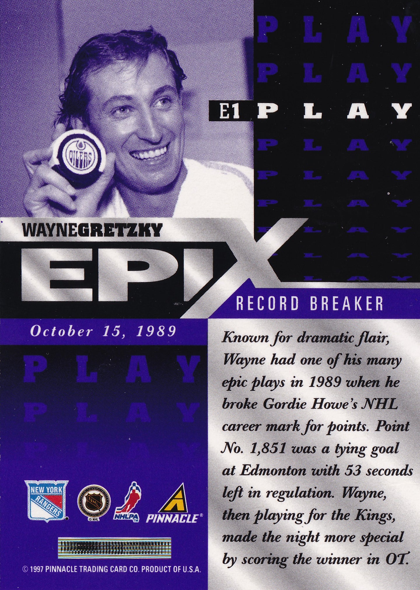 Wayne Gretzky 1997–98 Pinnacle Epix Play Purple #E1 – New York Rangers