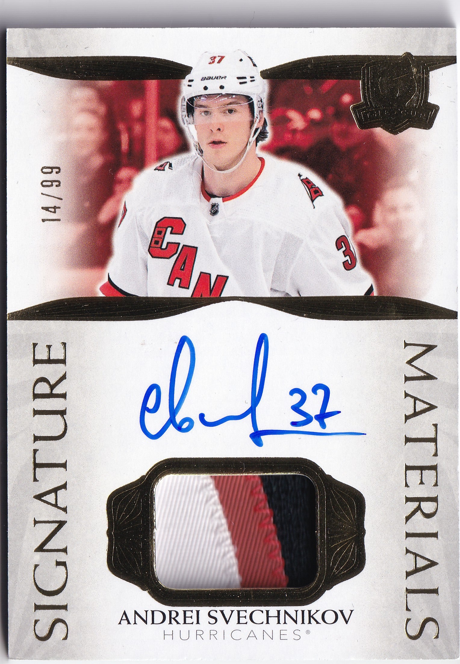 Andrei Svechnikov 2021–22 The Cup Signature Materials Auto Patch /99 #SP-SV – 14/99