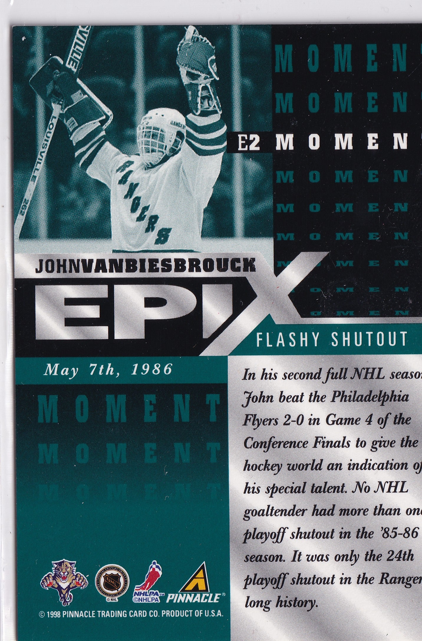 John Vanbiesbrouck 1997–98 Pinnacle Epix Moment Emerald #E2 – Florida Panthers