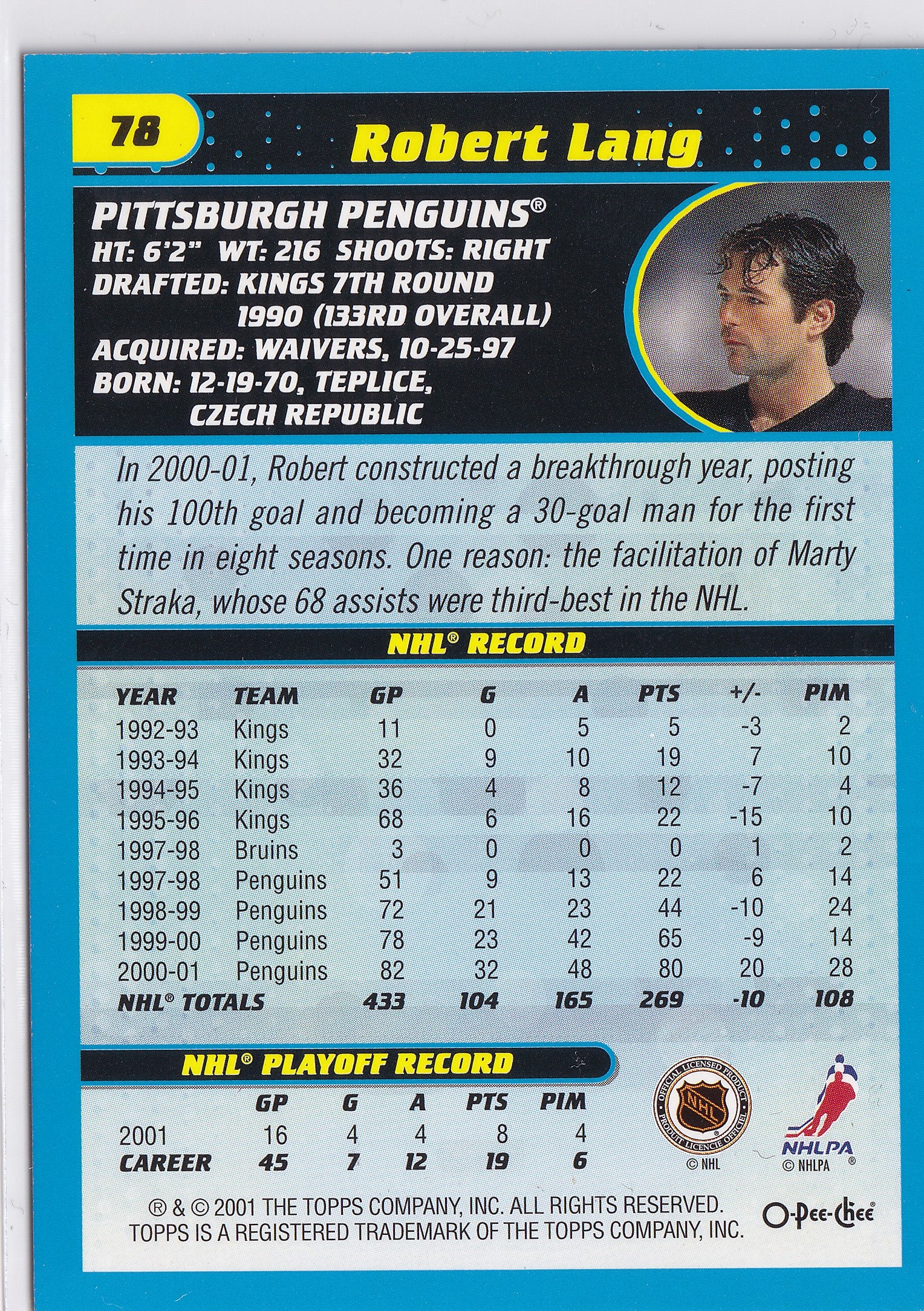 Robert Lang 2001-02 O-Pee-Chee #78