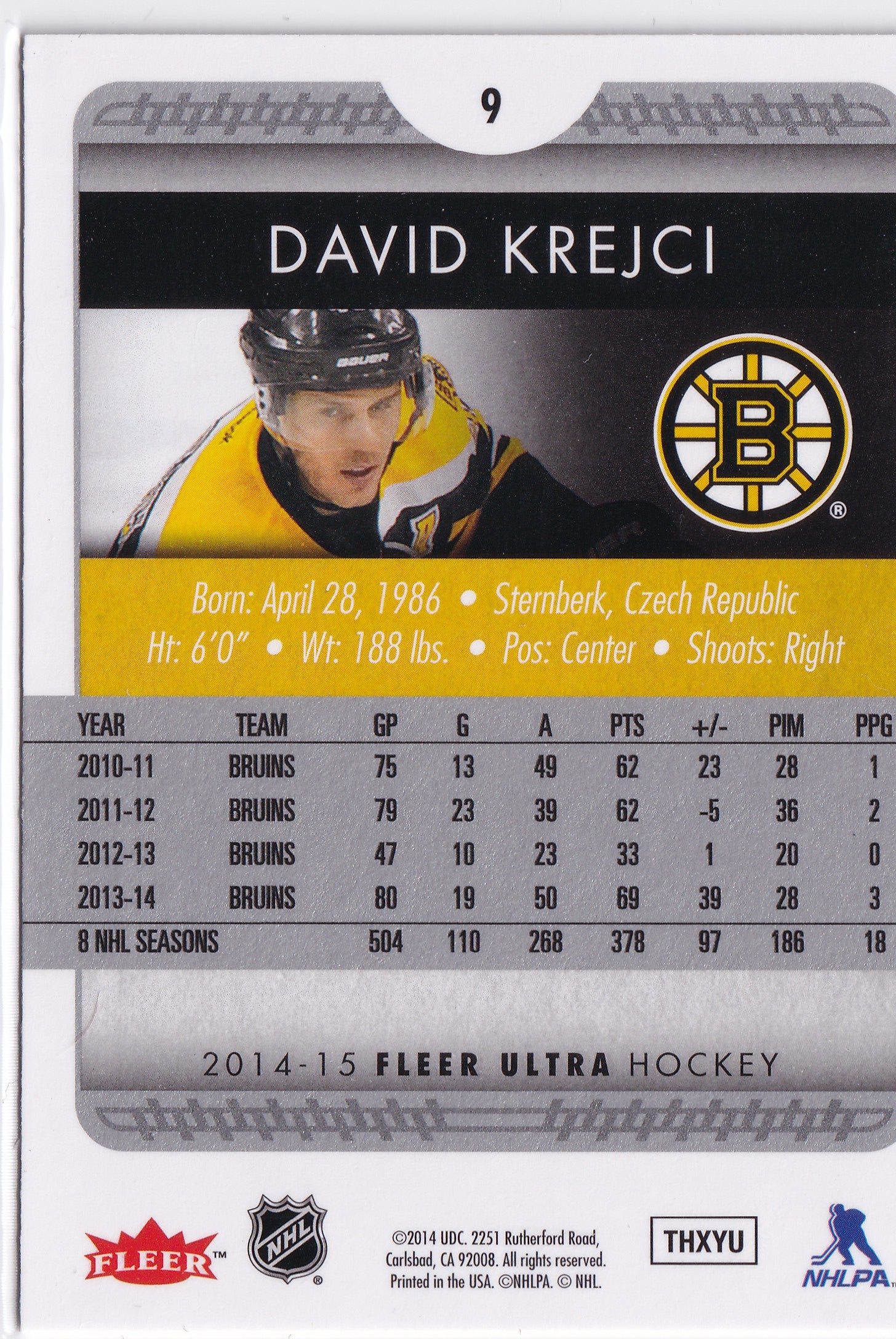 David Krejčí 2014–15 Fleer Ultra #9 – Boston Bruins
