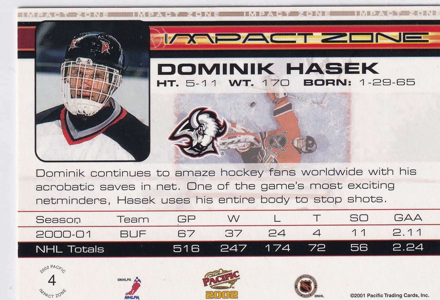 Dominik Hašek 2001-02 Pacific Impact Zone #4