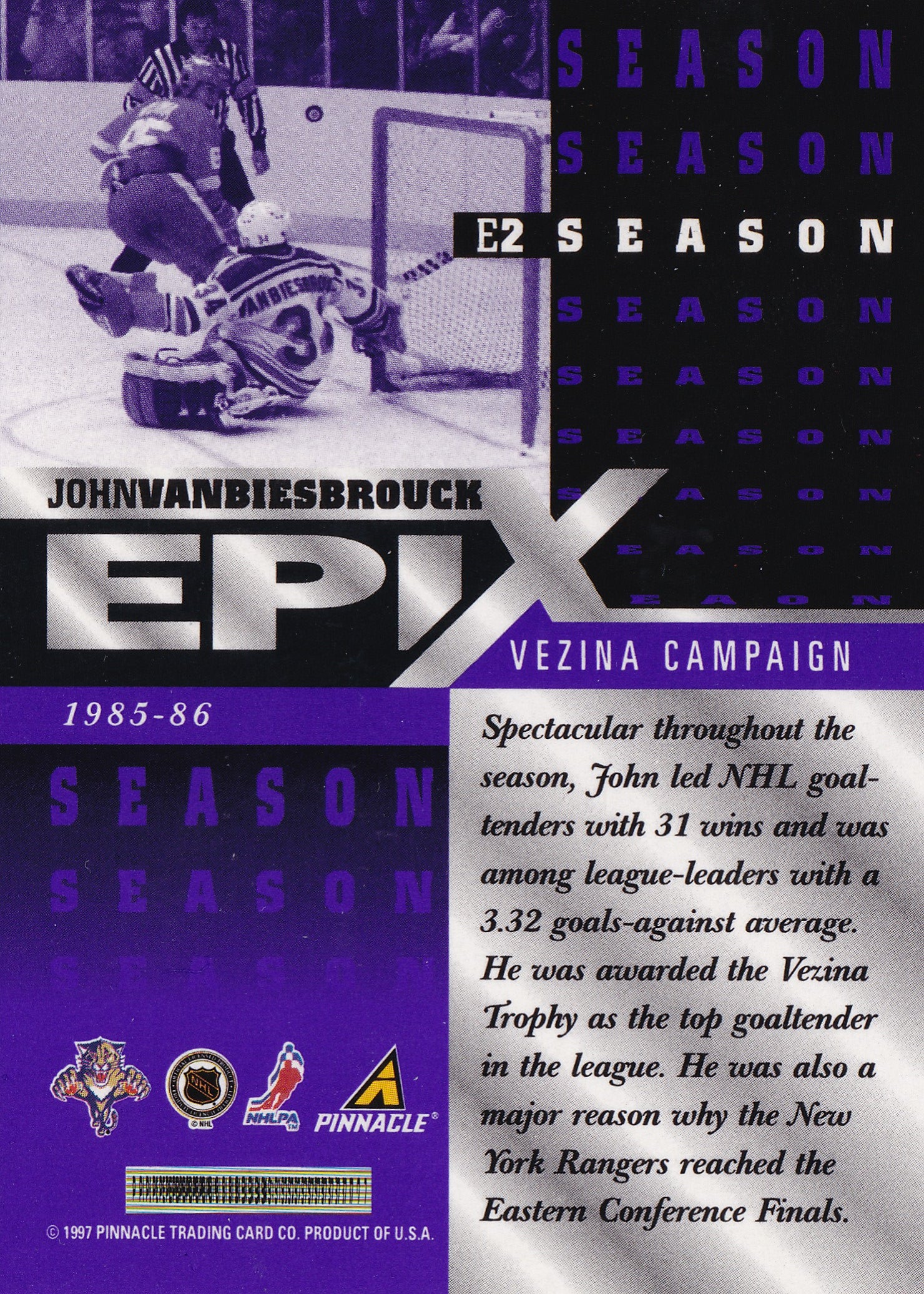 John Vanbiesbrouck 1997–98 Pinnacle Epix Season Purple #E2 – Florida Panthers